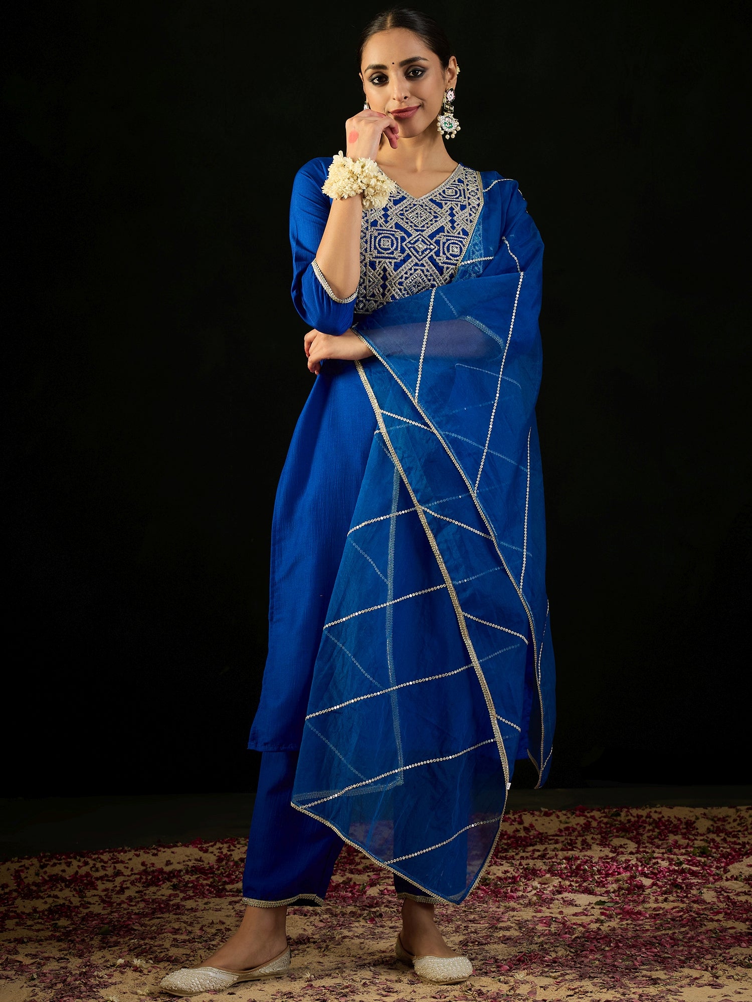 Blue Embroidered Straight Kurta Trousers With Dupatta Set