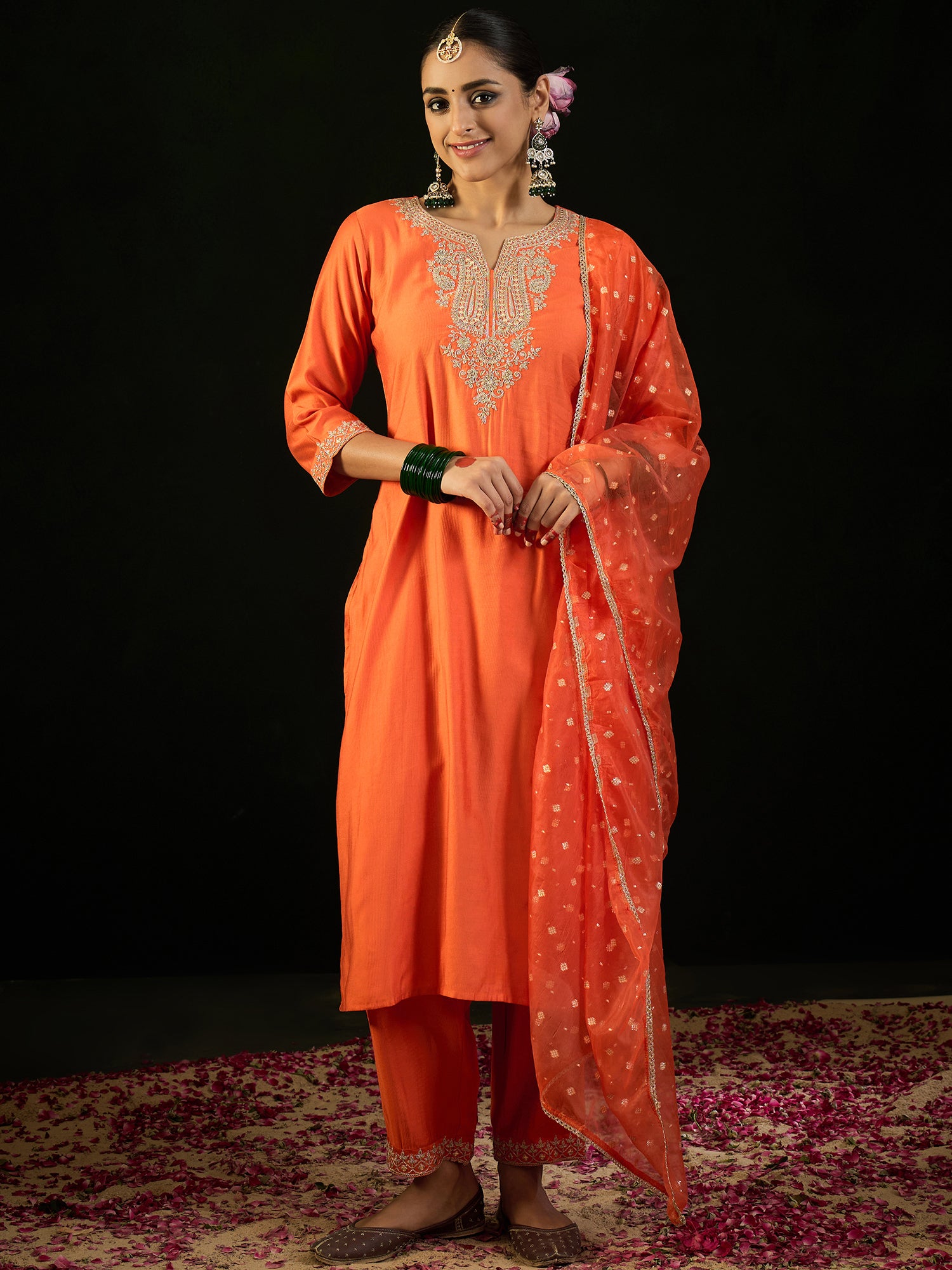 Orange Embroidered Straight Kurta Trousers With Dupatta Set