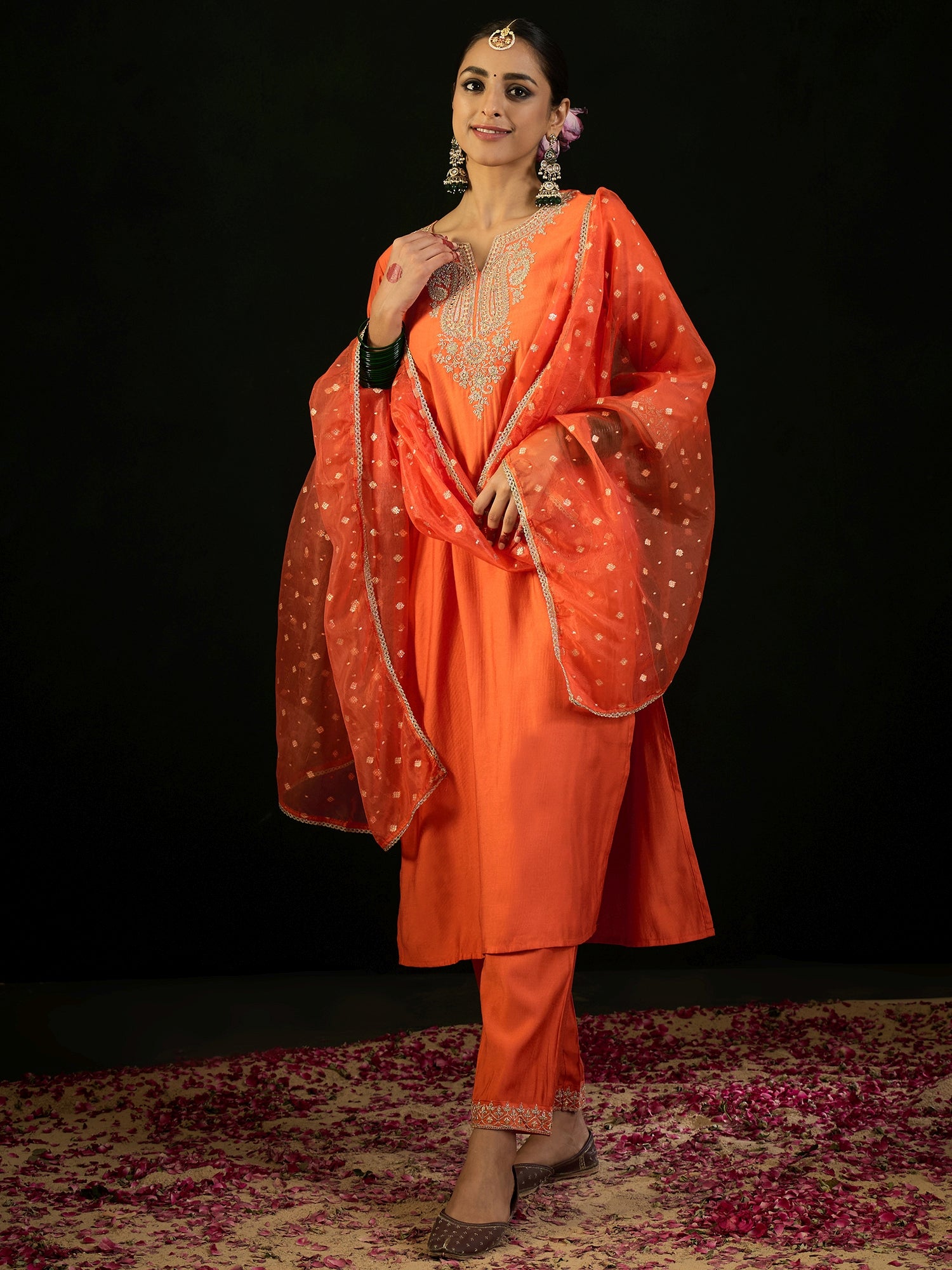 Orange Embroidered Straight Kurta Trousers With Dupatta Set