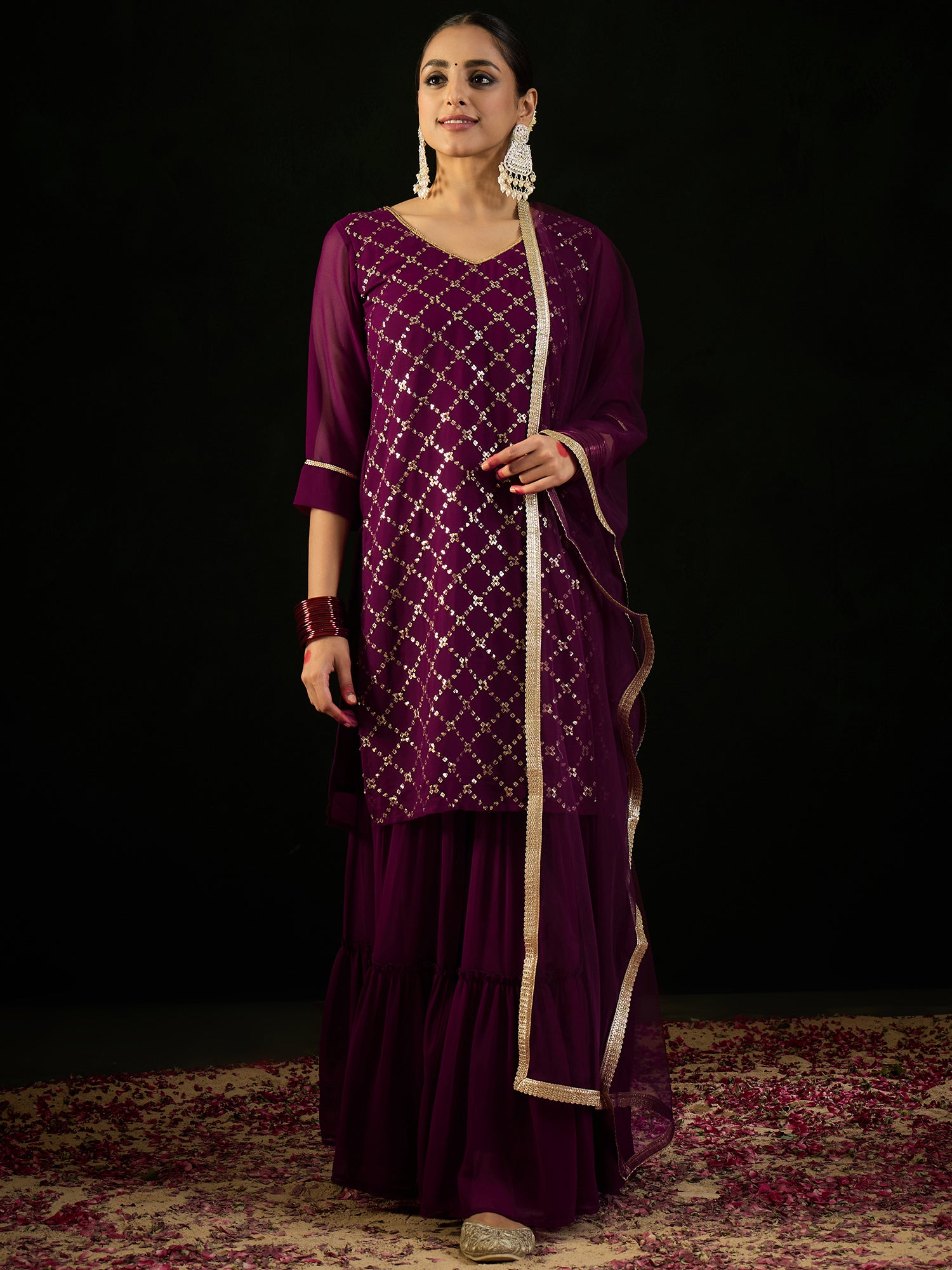 Burgundy Embroidered Straight Kurta Sharara With Dupatta set