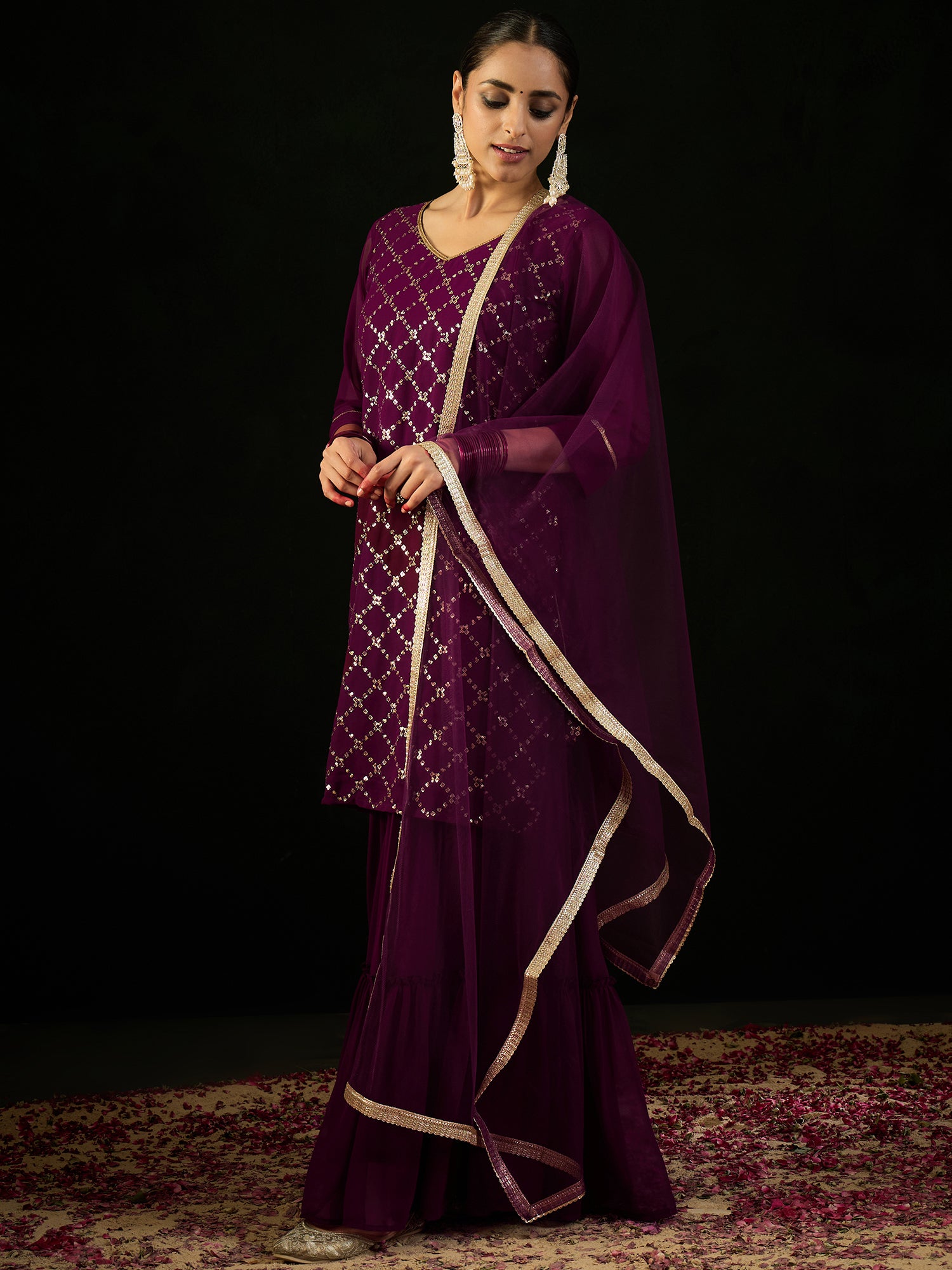 Burgundy Embroidered Straight Kurta Sharara With Dupatta set