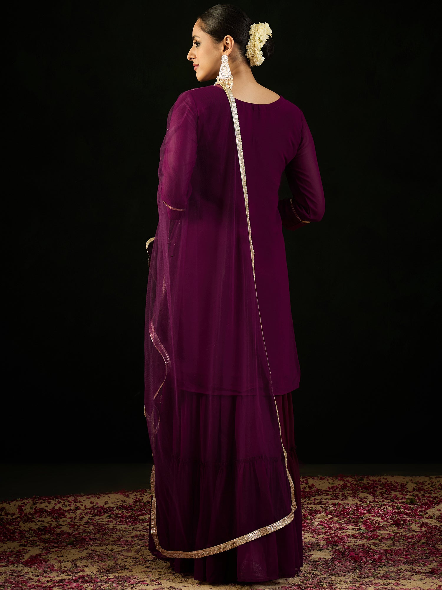 Burgundy Embroidered Straight Kurta Sharara With Dupatta set