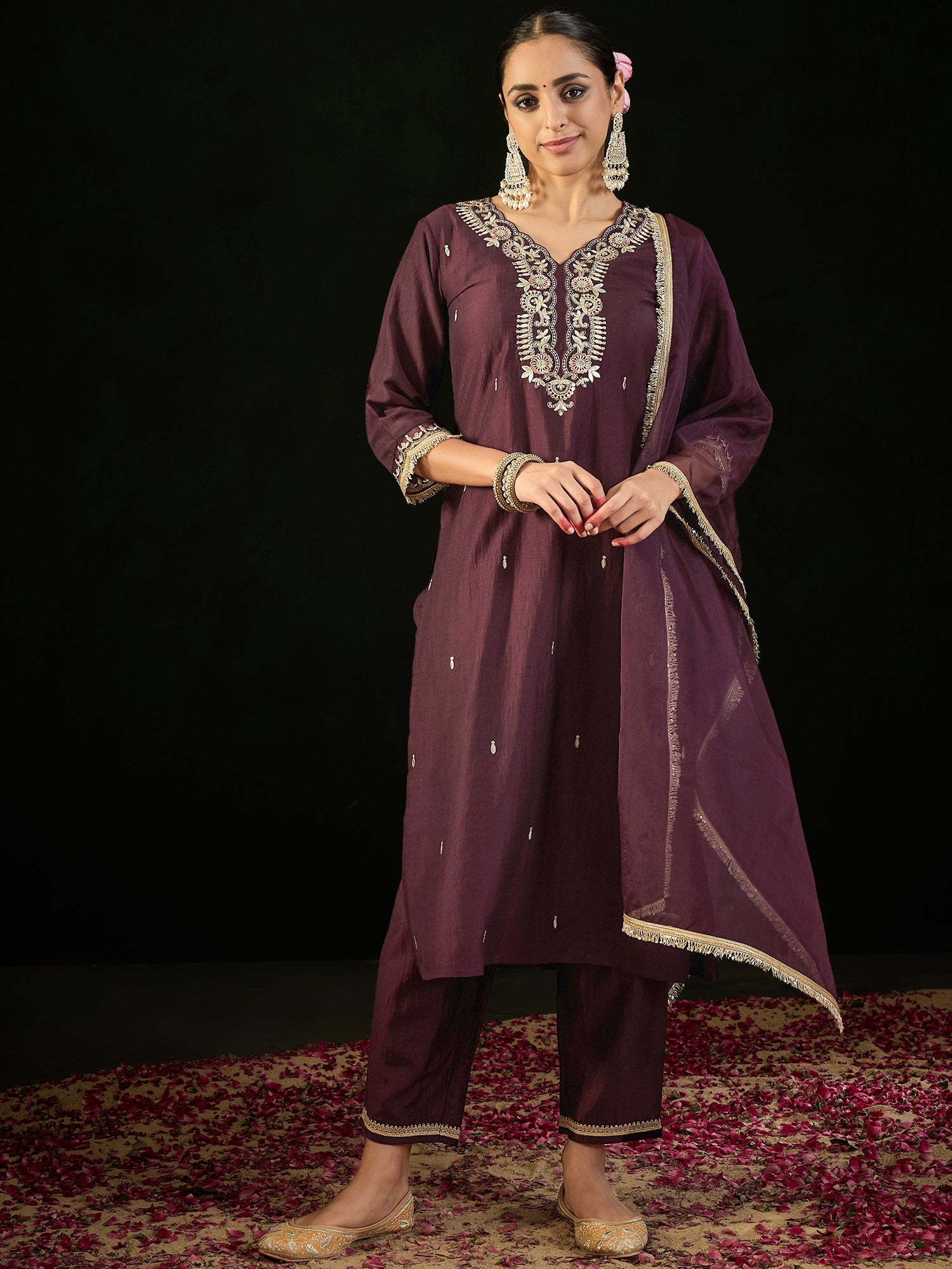 Burgundy Embroidered Straight Kurta Trousers With Dupatta Set