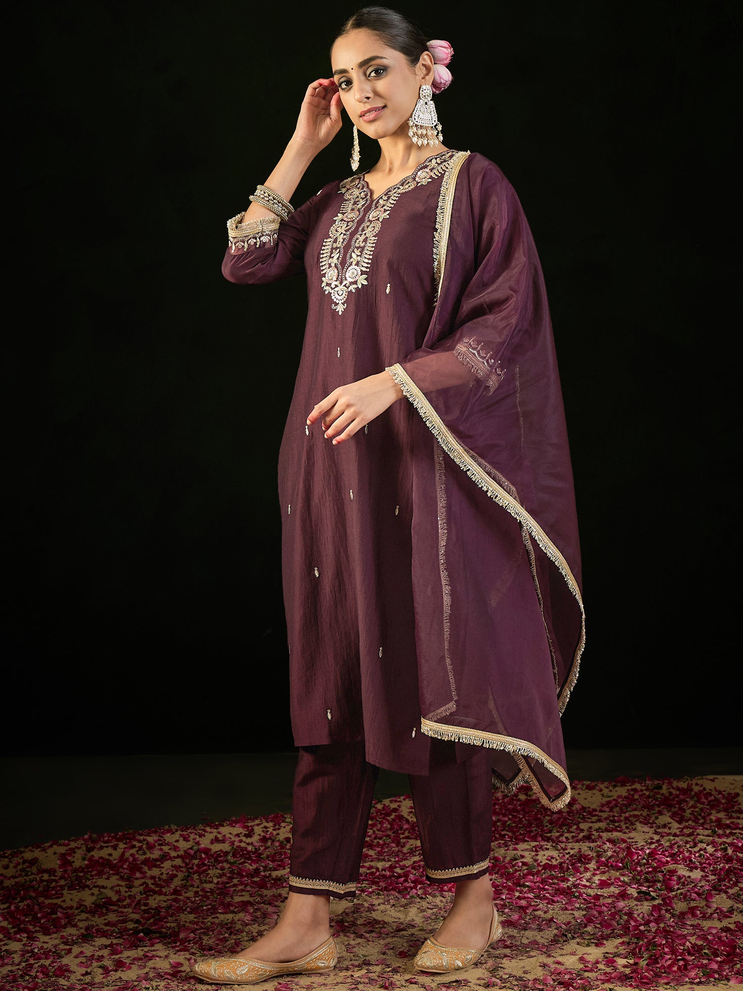 Burgundy Embroidered Straight Kurta Trousers With Dupatta Set