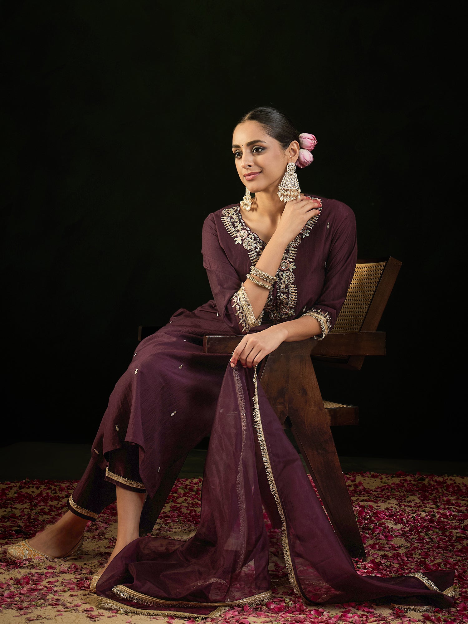 Burgundy Embroidered Straight Kurta Trousers With Dupatta Set