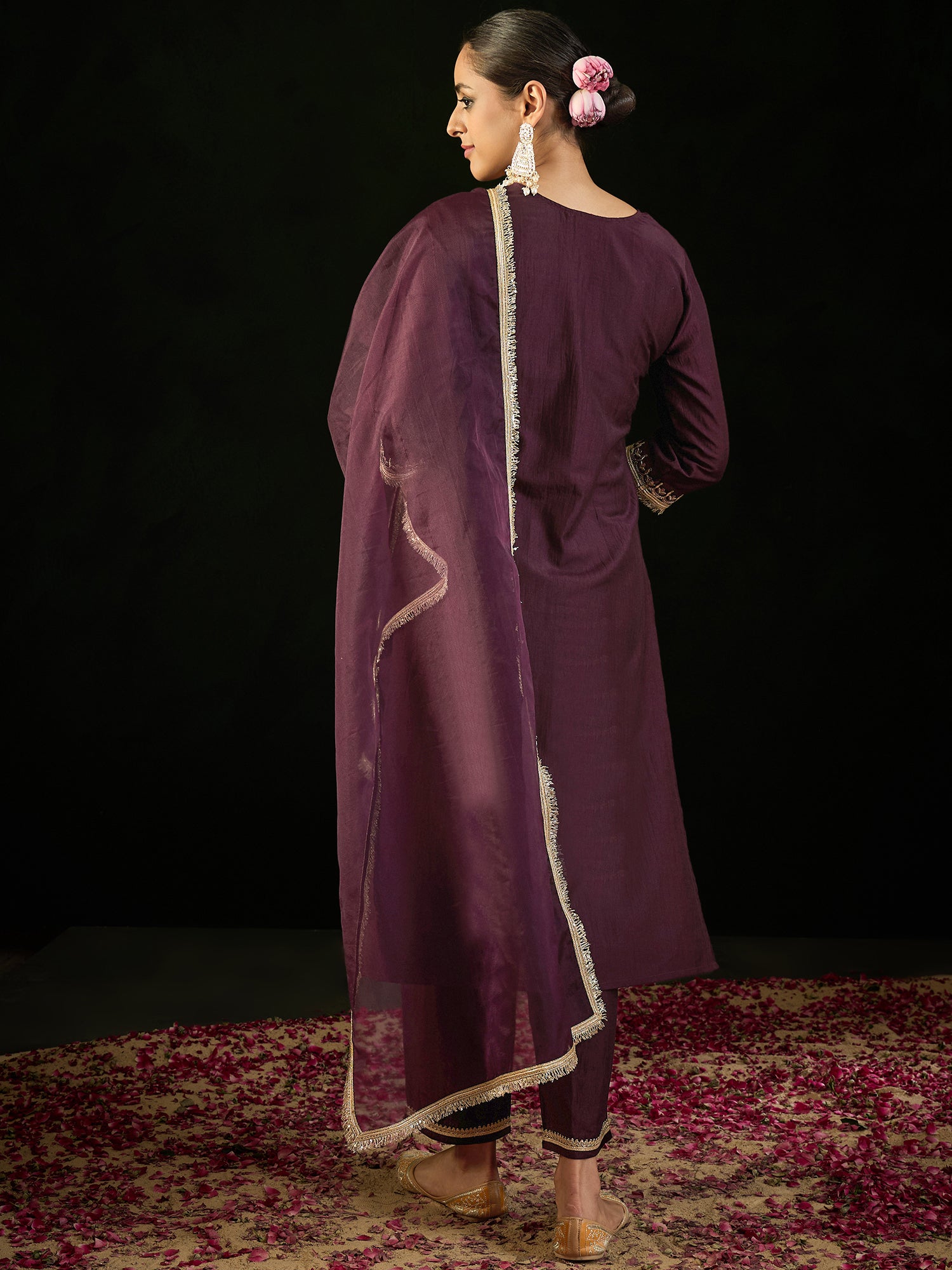 Burgundy Embroidered Straight Kurta Trousers With Dupatta Set