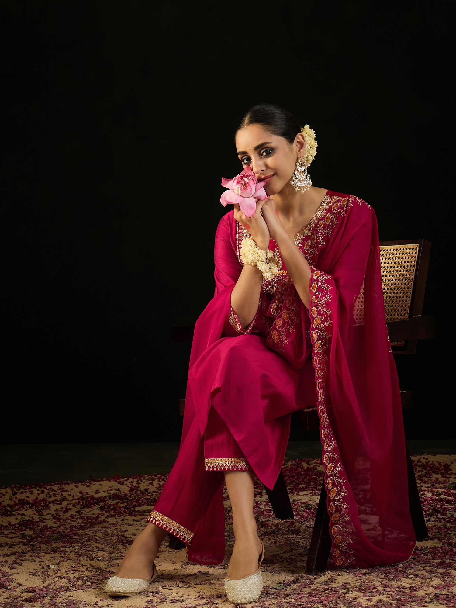 Magenta Embroidered Straight Kurta Trousers With Dupatta set