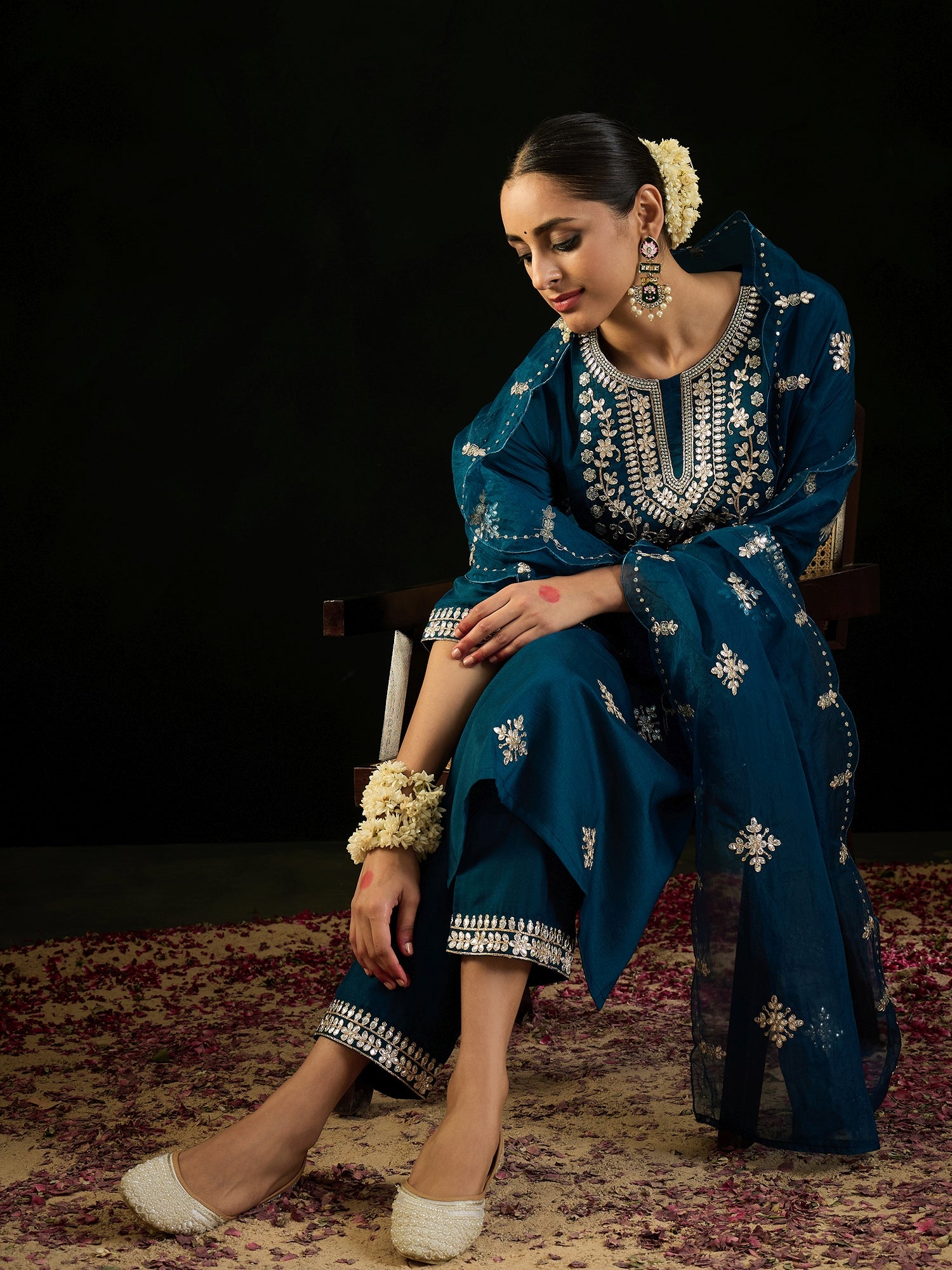 Teal Embroidered Straight Kurta Trousers With Dupatta Set