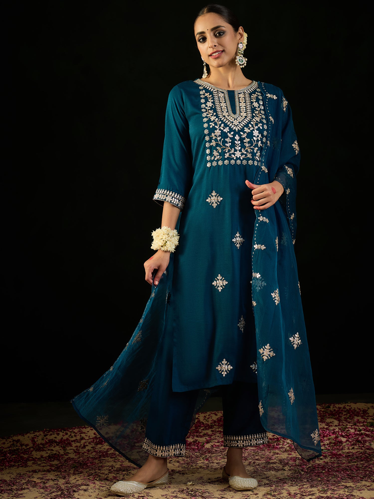 Teal Embroidered Straight Kurta Trousers With Dupatta Set