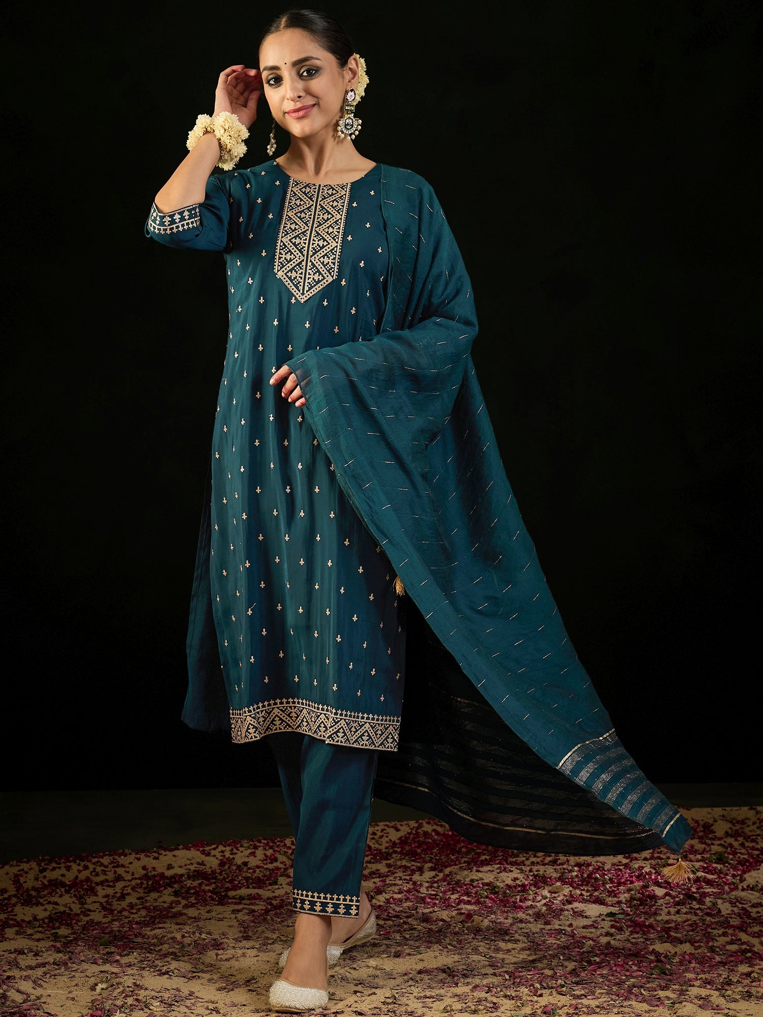 Teal Embroidered Straight Kurta Trousers With Dupatta Set