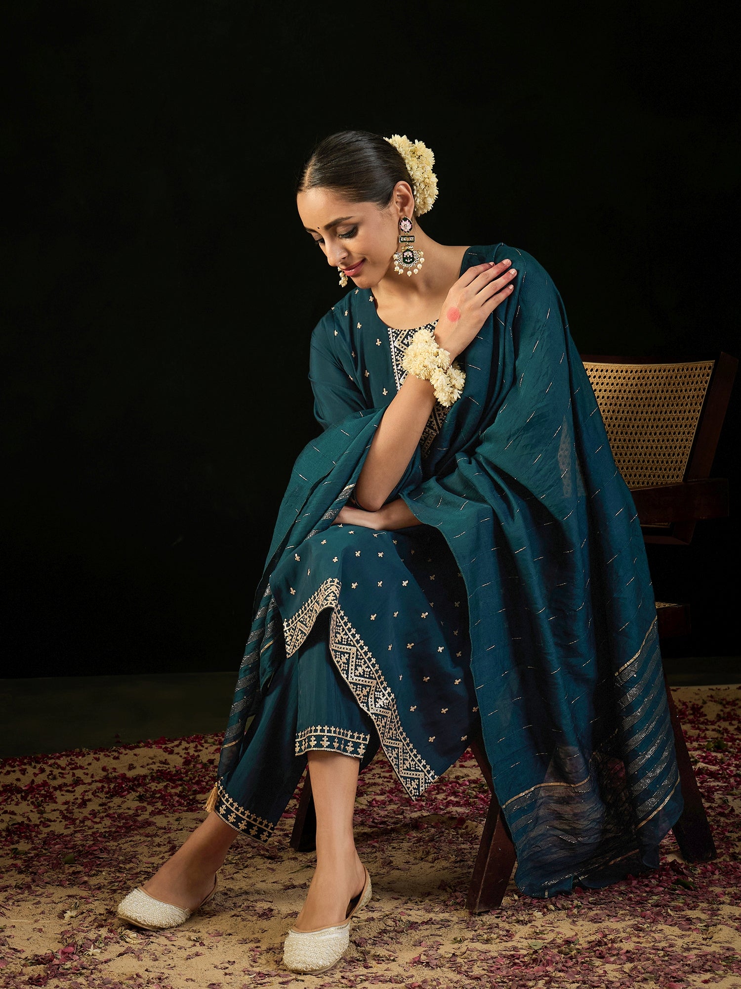 Teal Embroidered Straight Kurta Trousers With Dupatta Set