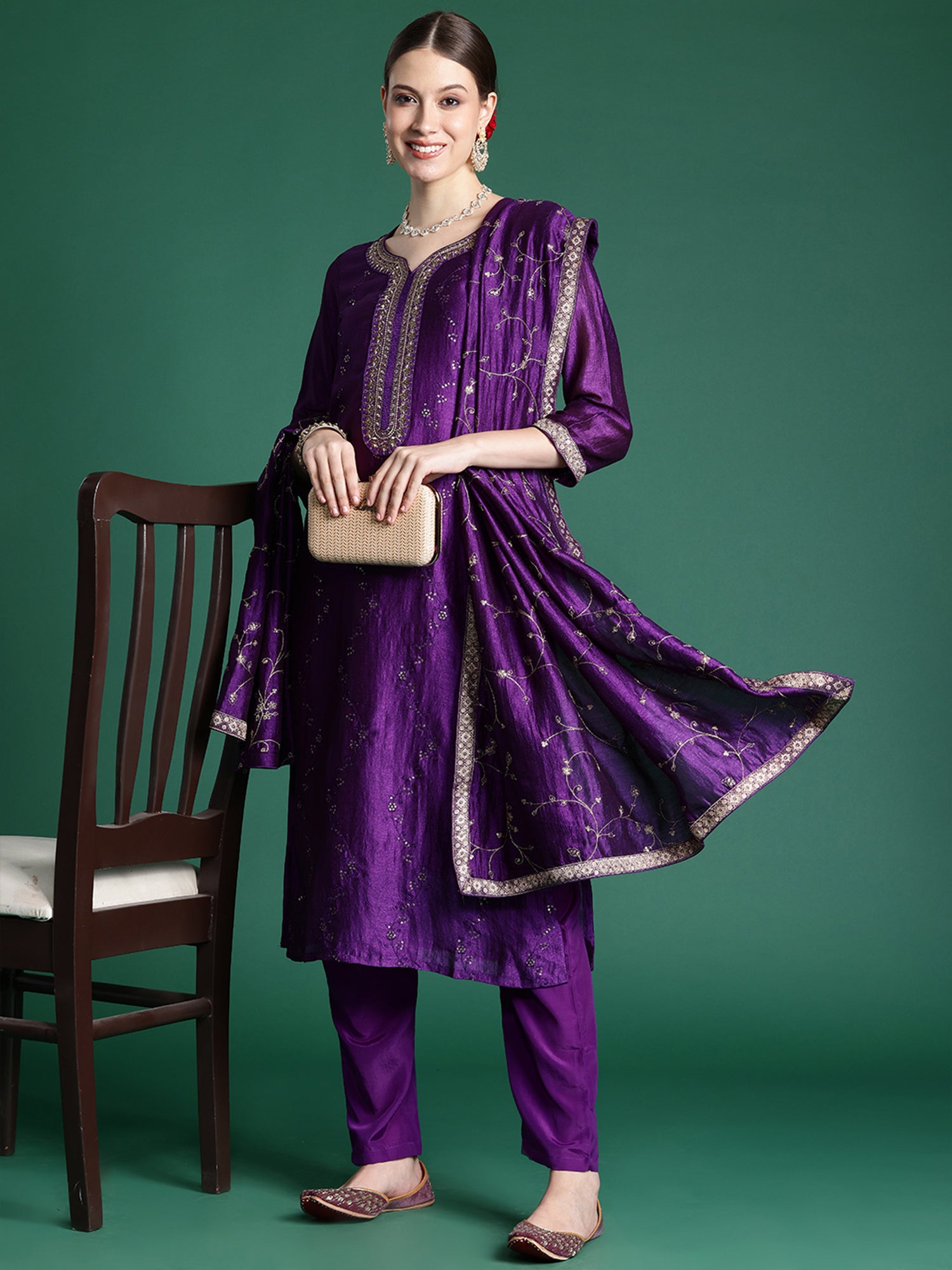 Purple Embroidered Straight Kurta Trousers With Dupatta set