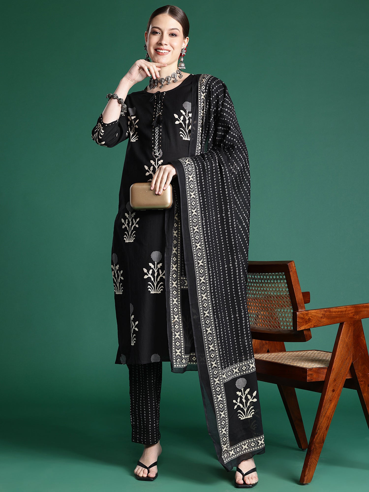 Black Printed Straight Kurta Trousers With Dupatta Set