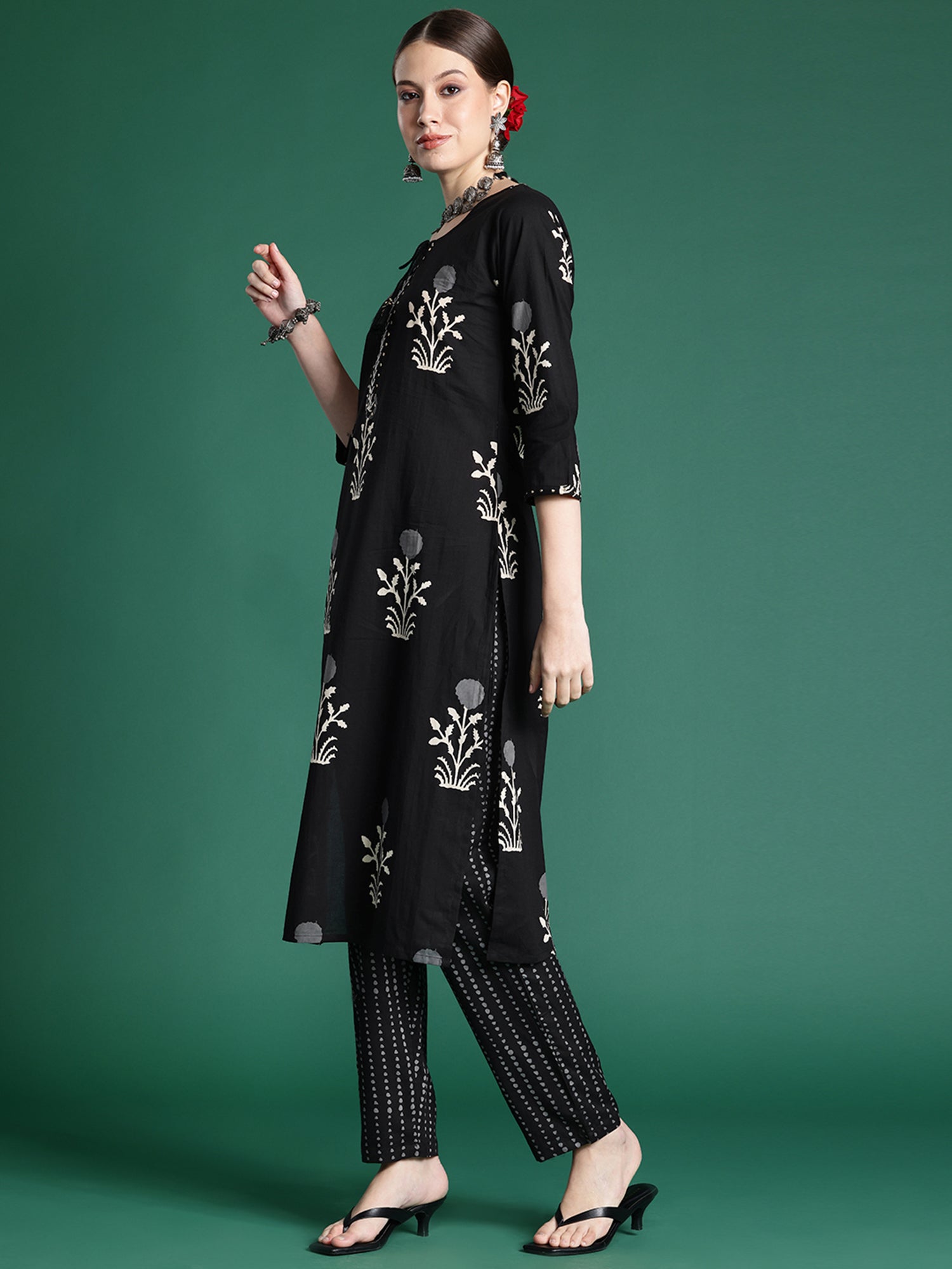 Black Printed Straight Kurta Trousers With Dupatta Set