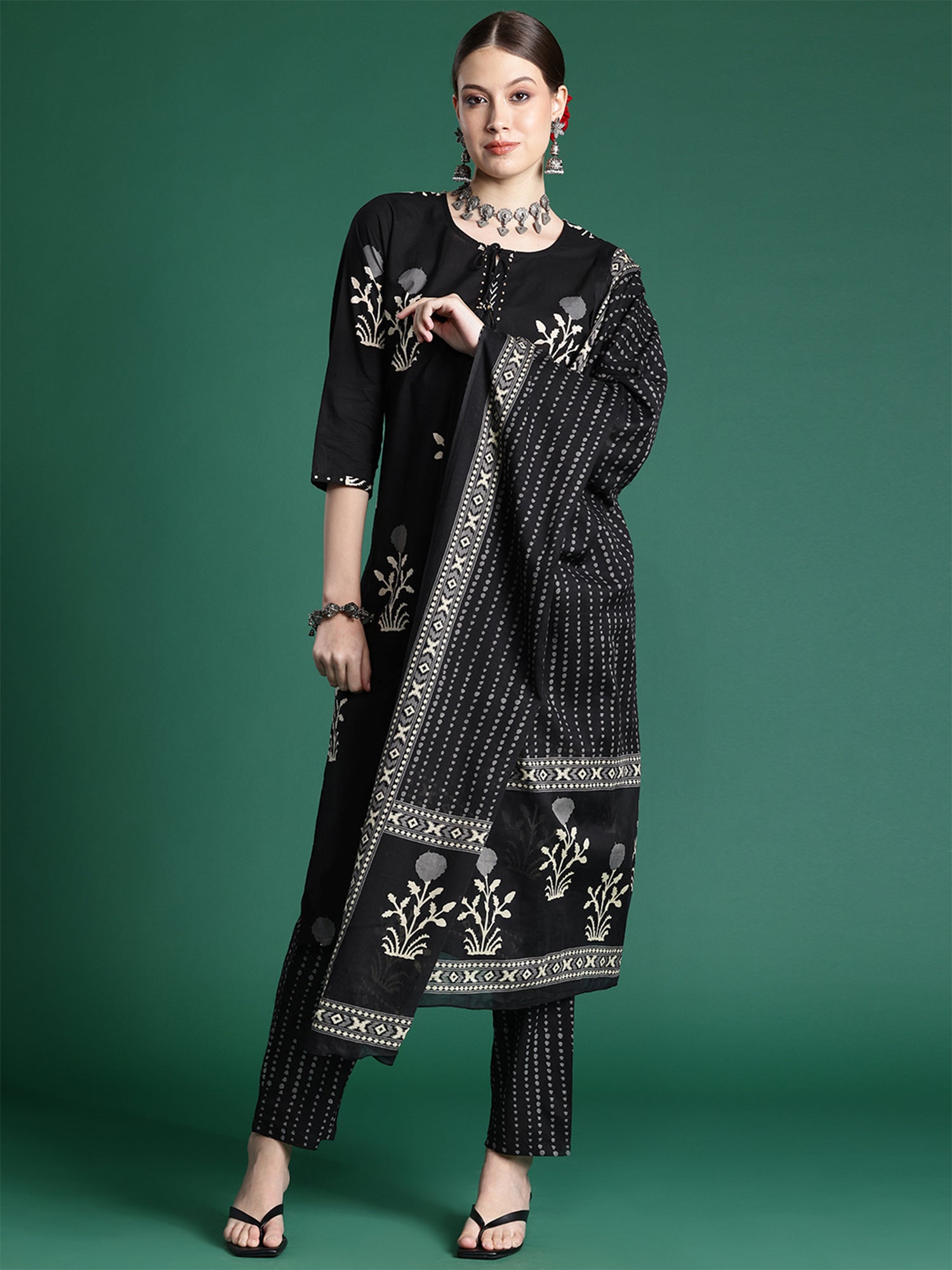 Black Printed Straight Kurta Trousers With Dupatta Set