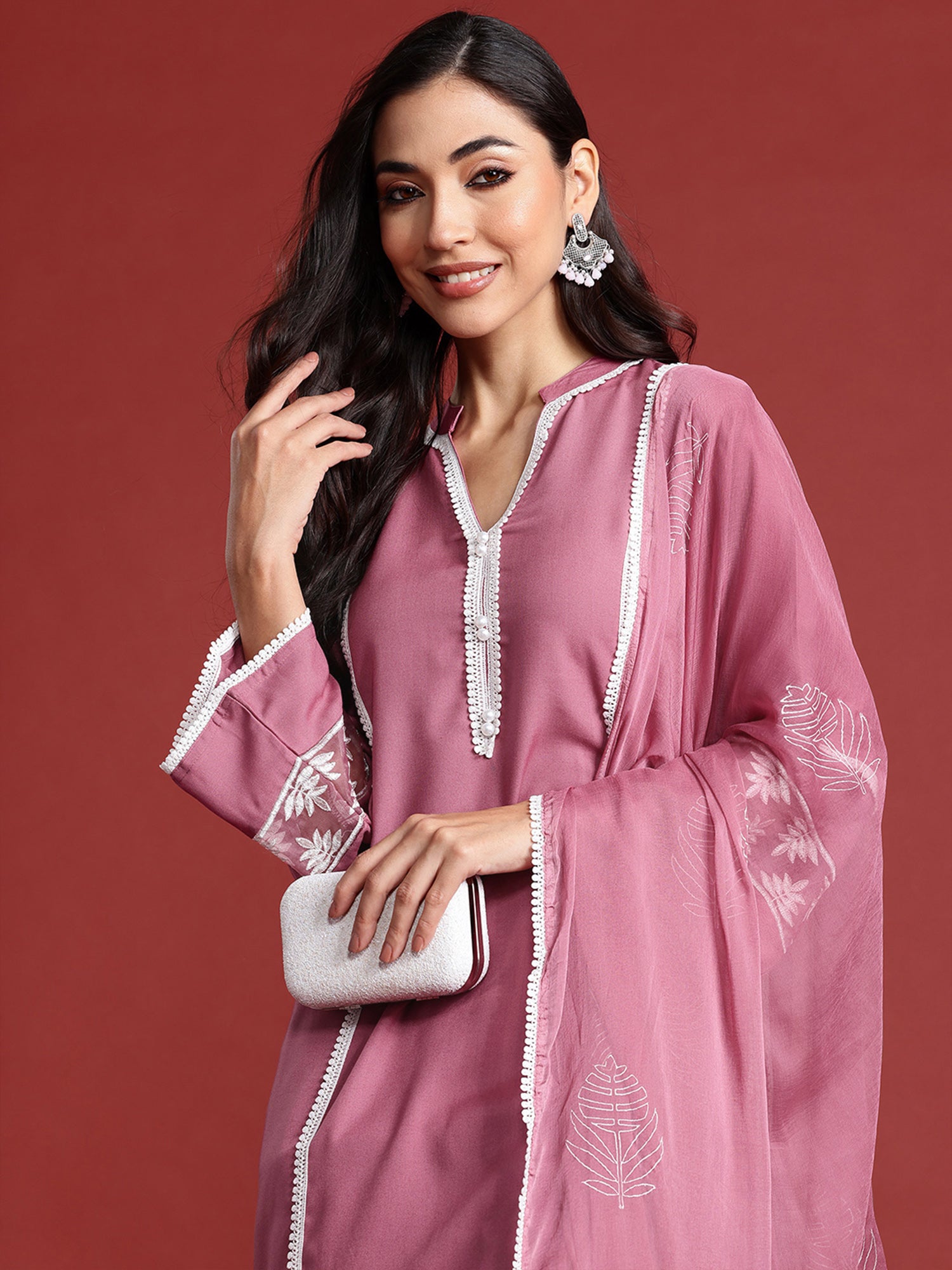 Mauve Embroidered Straight Kurta Trousers With Dupatta Set