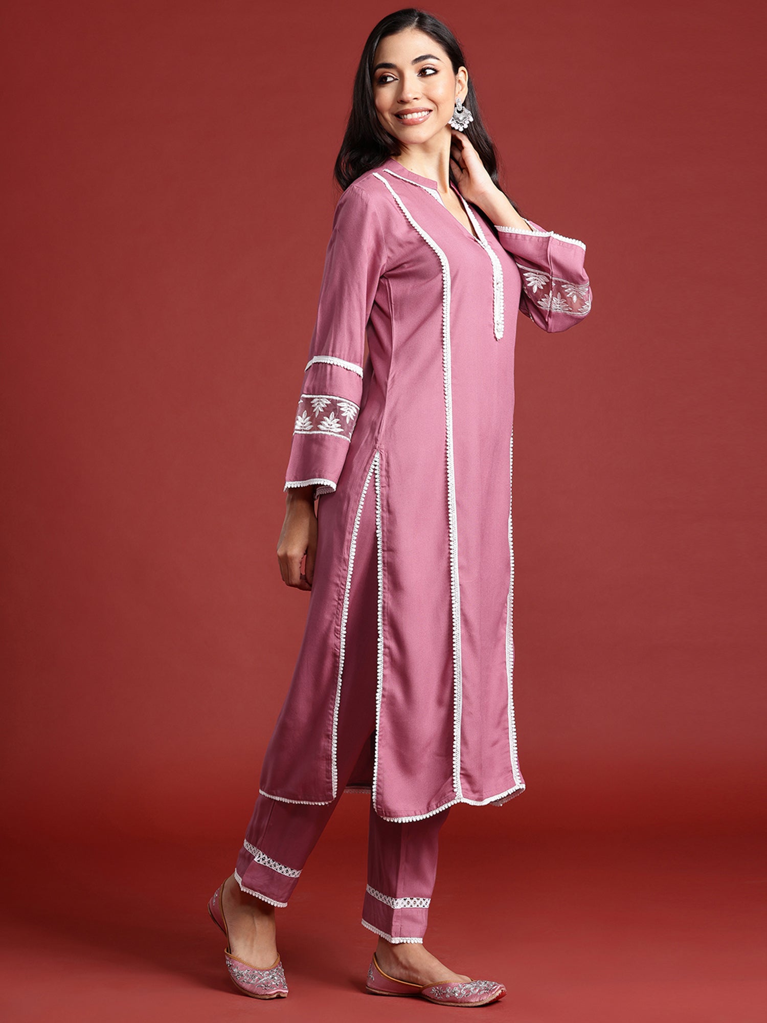 Mauve Embroidered Straight Kurta Trousers With Dupatta Set