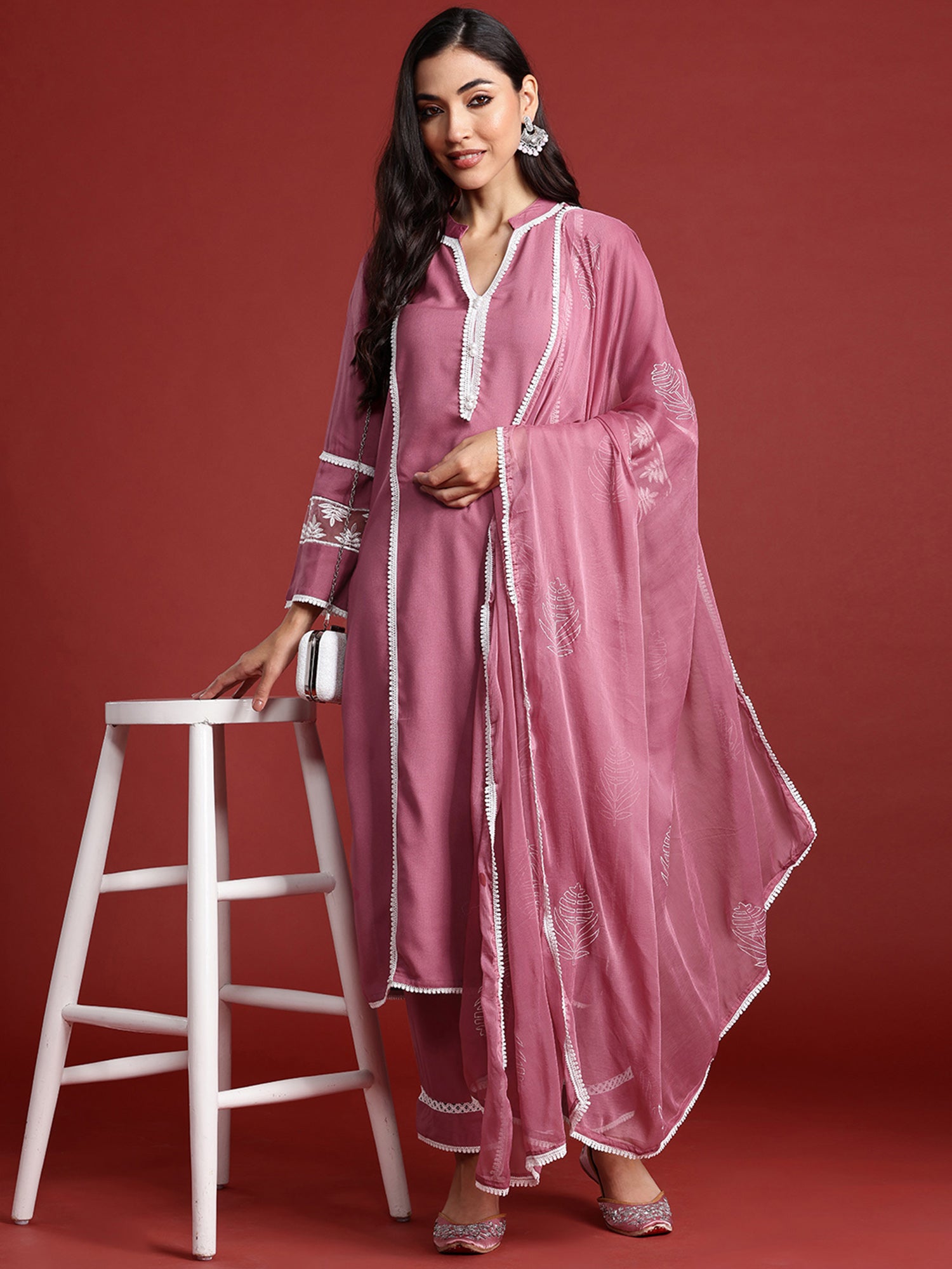 Mauve Embroidered Straight Kurta Trousers With Dupatta Set