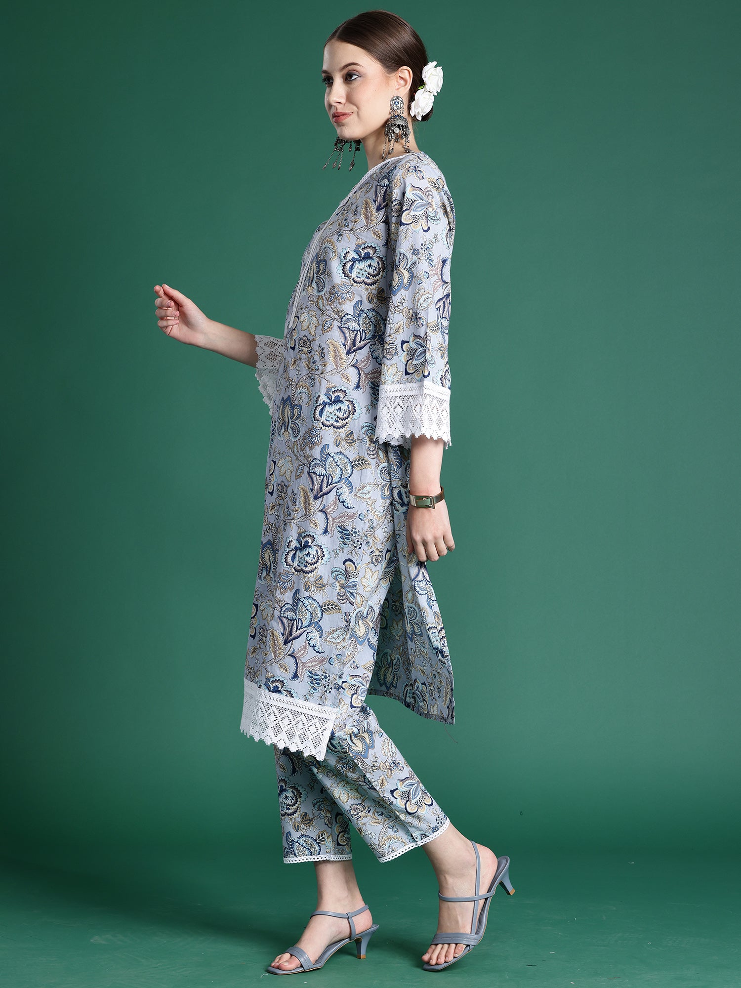 Blue Printed Straight Kurta Trousers Set