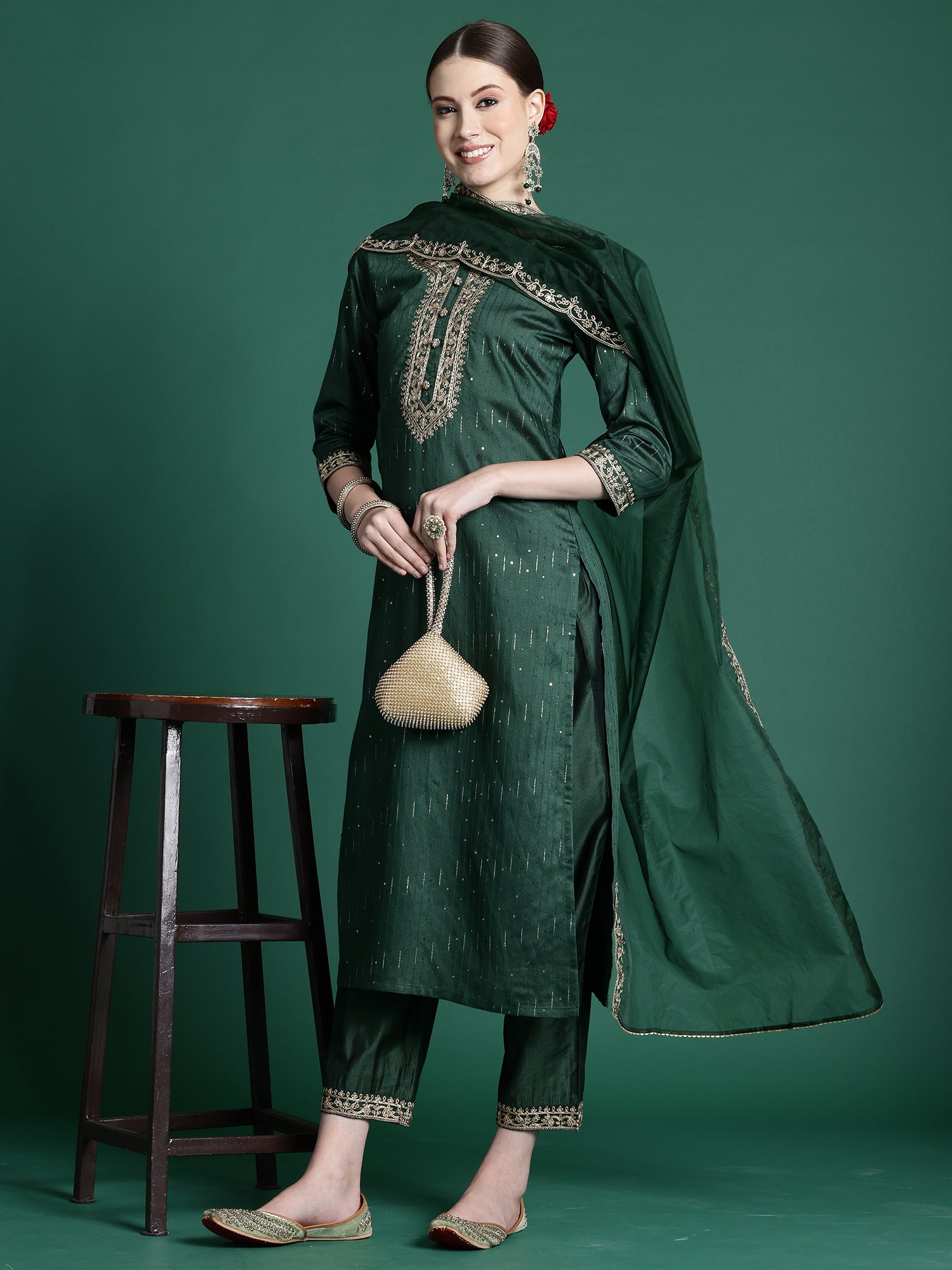 Green Embroidered Straight Kurta Trousers With Dupatta Set