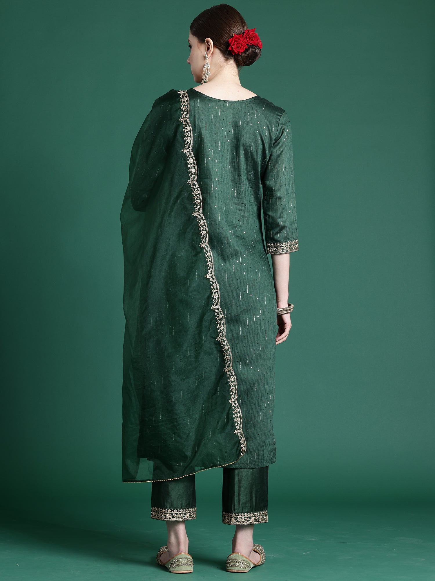 Green Embroidered Straight Kurta Trousers With Dupatta Set