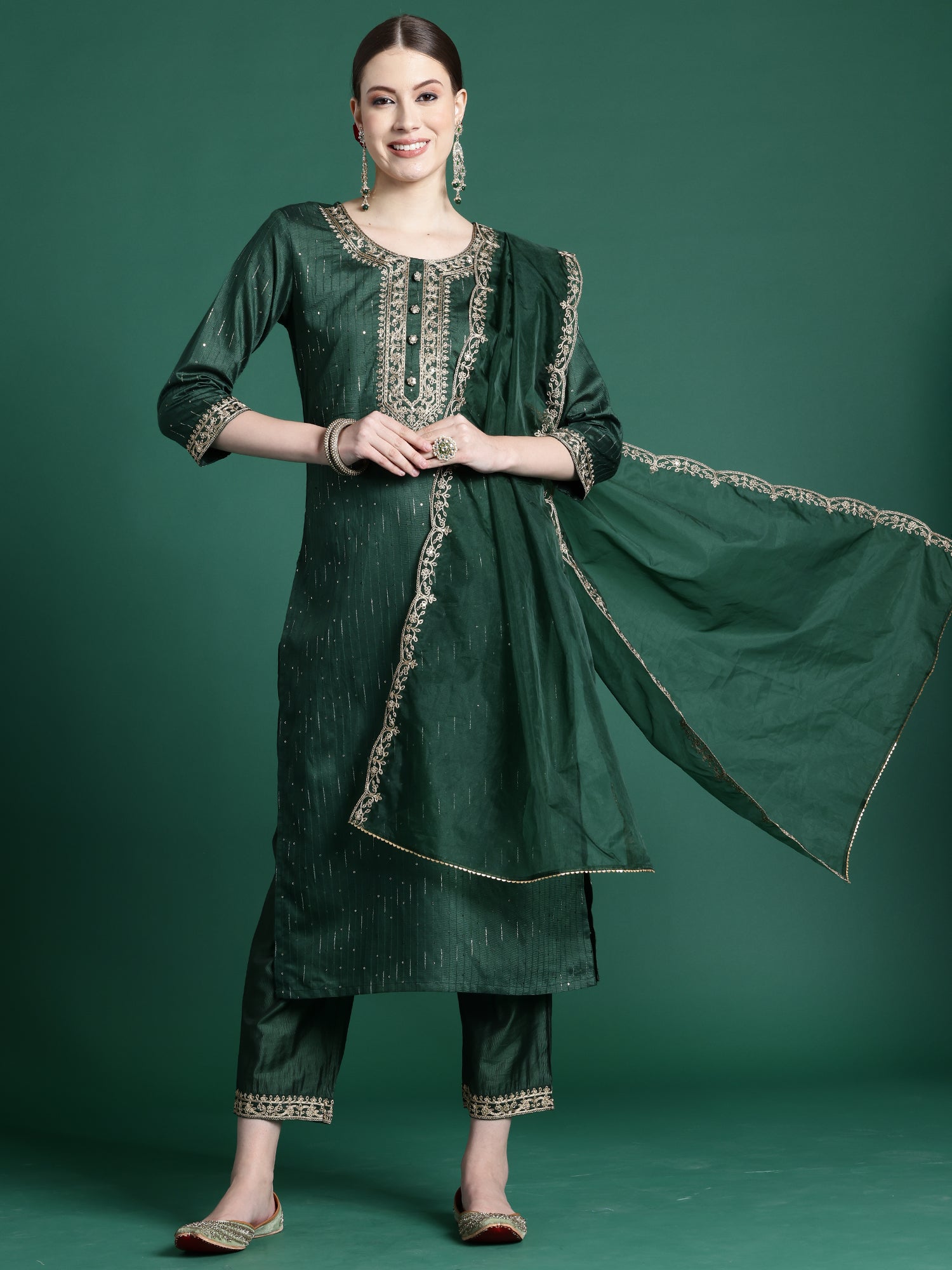 Green Embroidered Straight Kurta Trousers With Dupatta Set