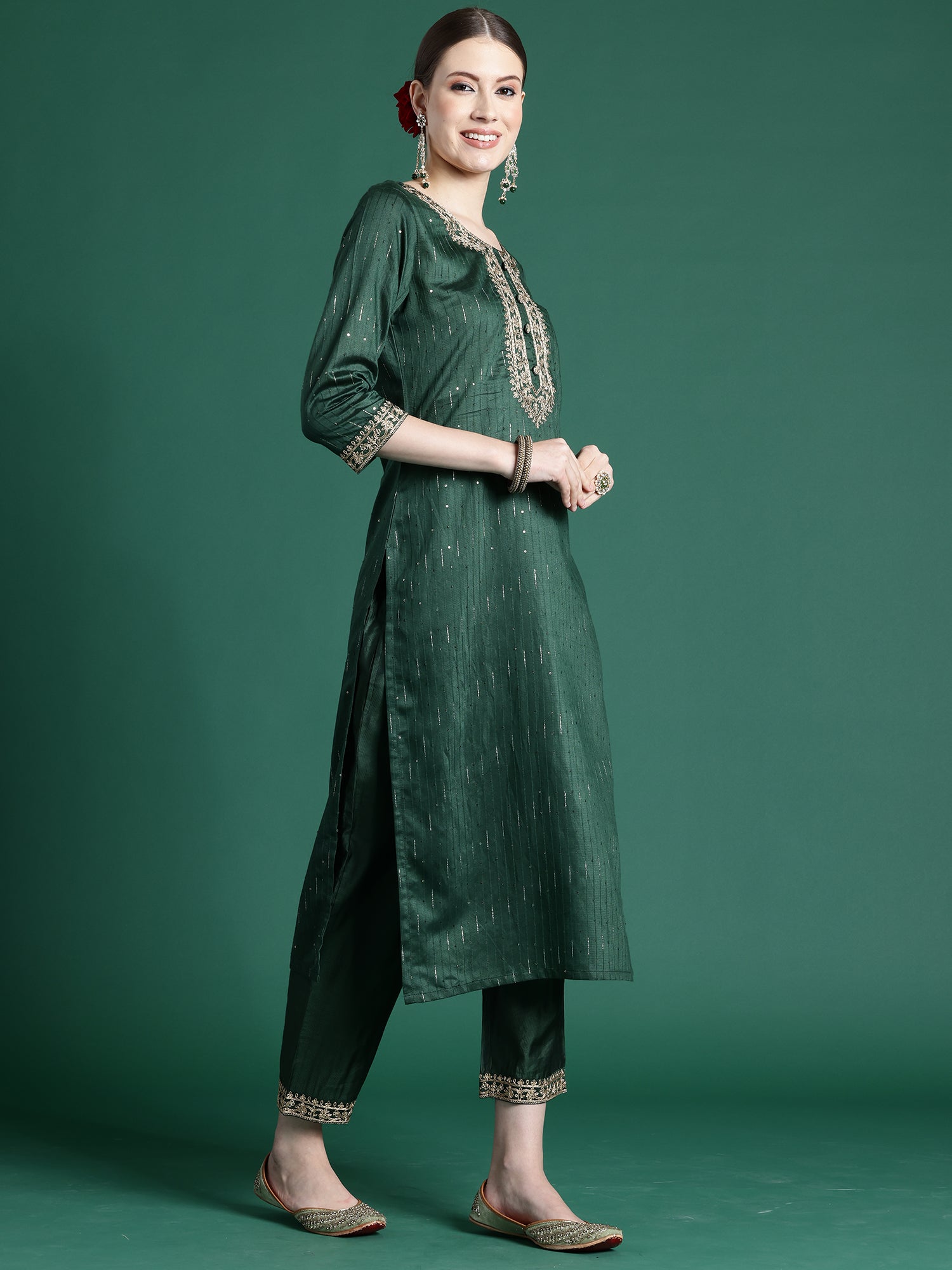 Green Embroidered Straight Kurta Trousers With Dupatta Set