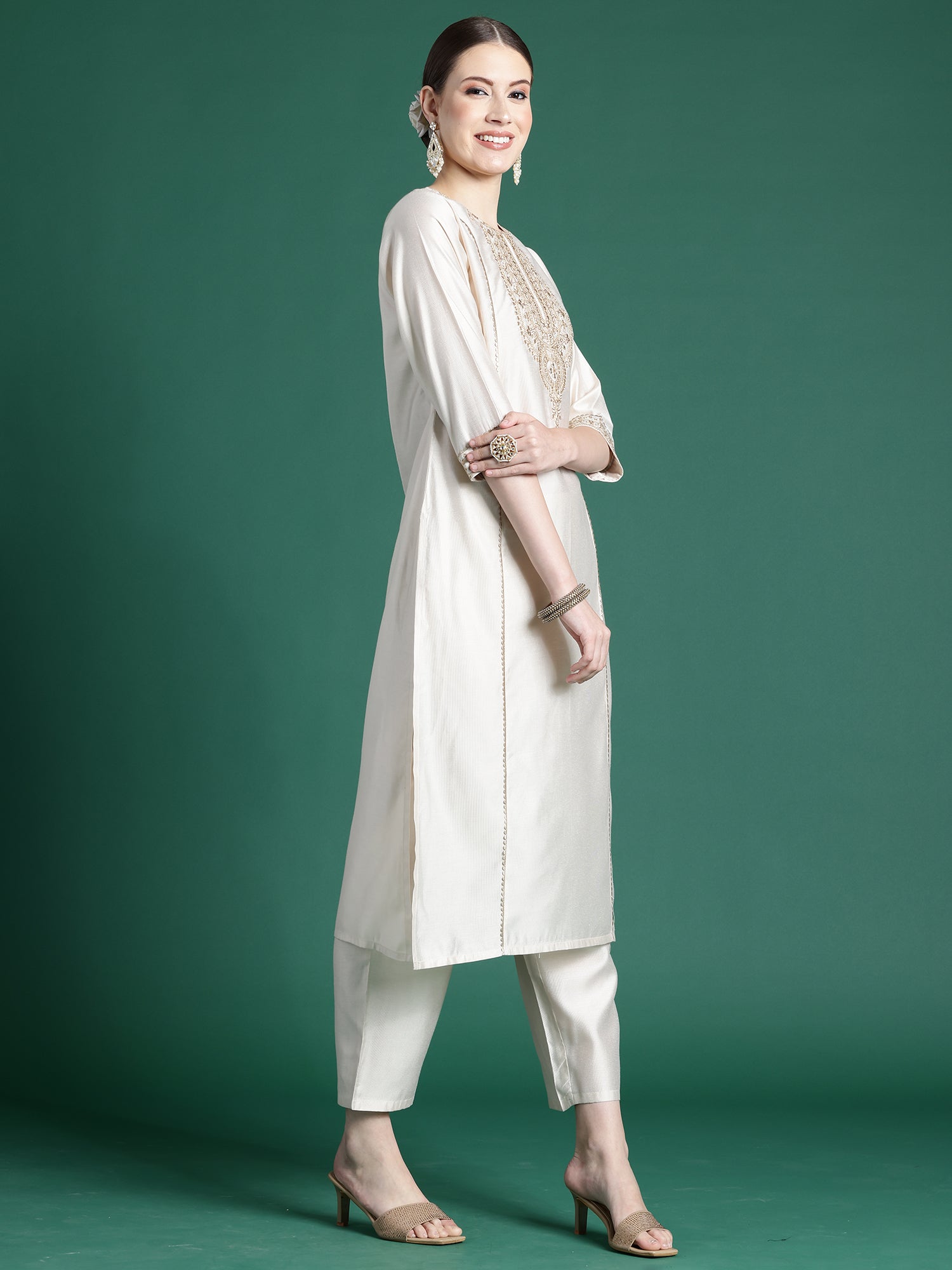 Off White Embroidered Straight Kurta Trousers With Dupatta Set