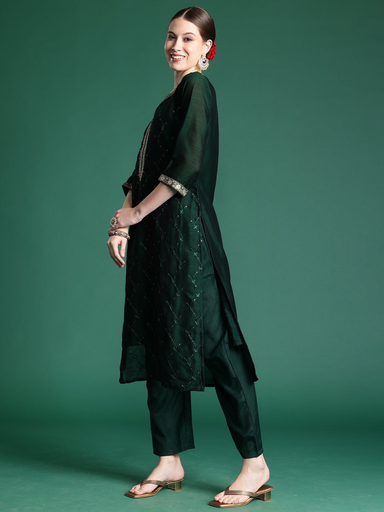 Green Embroidered Straight Kurta Trousers With Dupatta Set