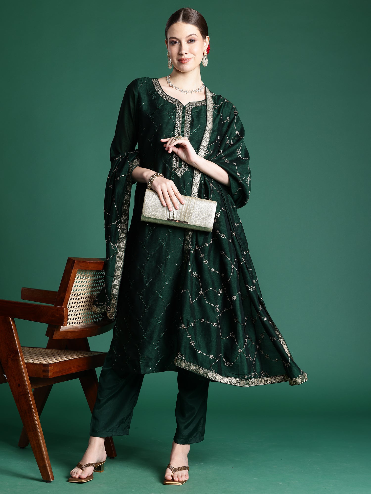 Green Embroidered Straight Kurta Trousers With Dupatta Set