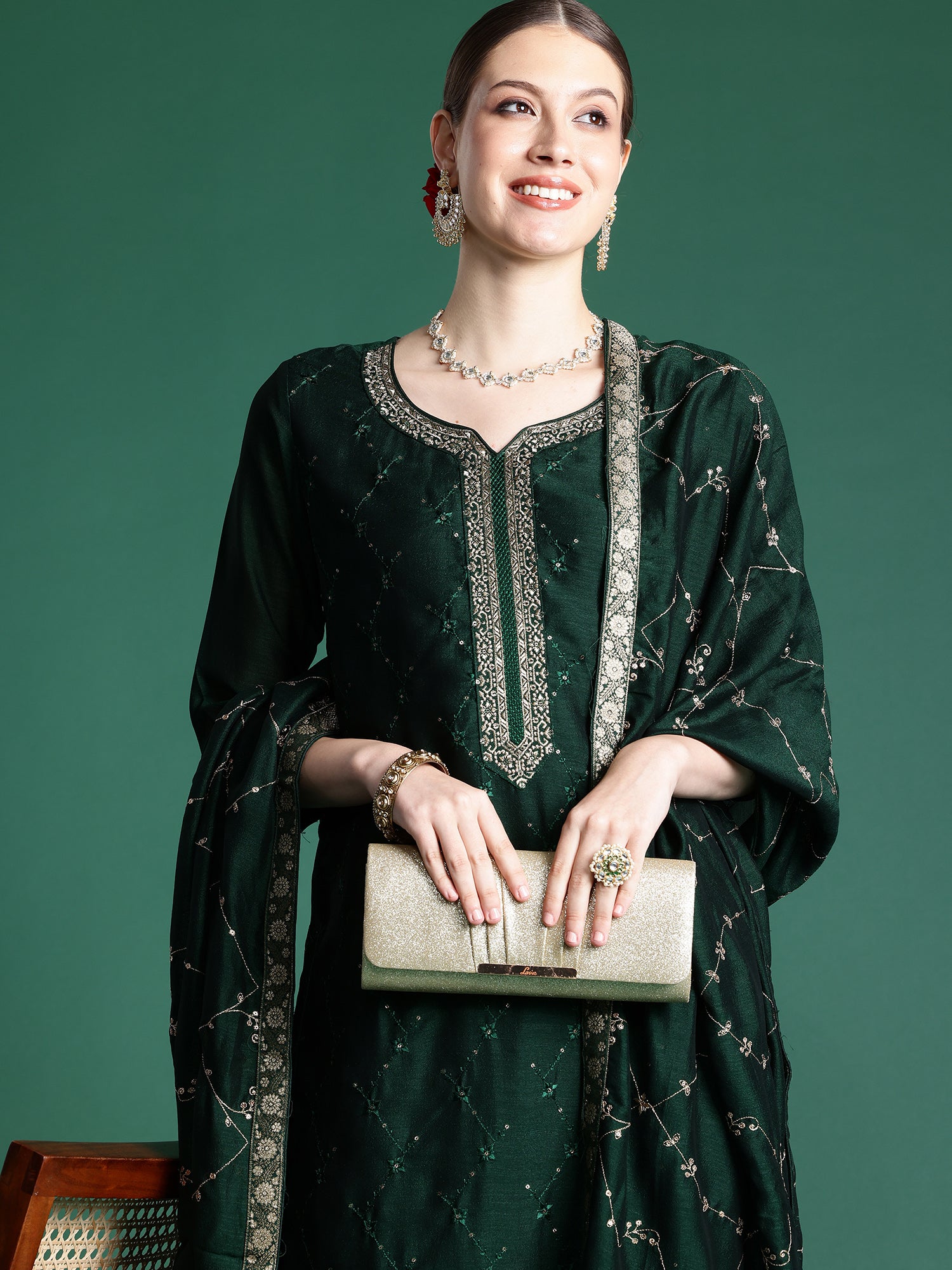 Green Embroidered Straight Kurta Trousers With Dupatta Set