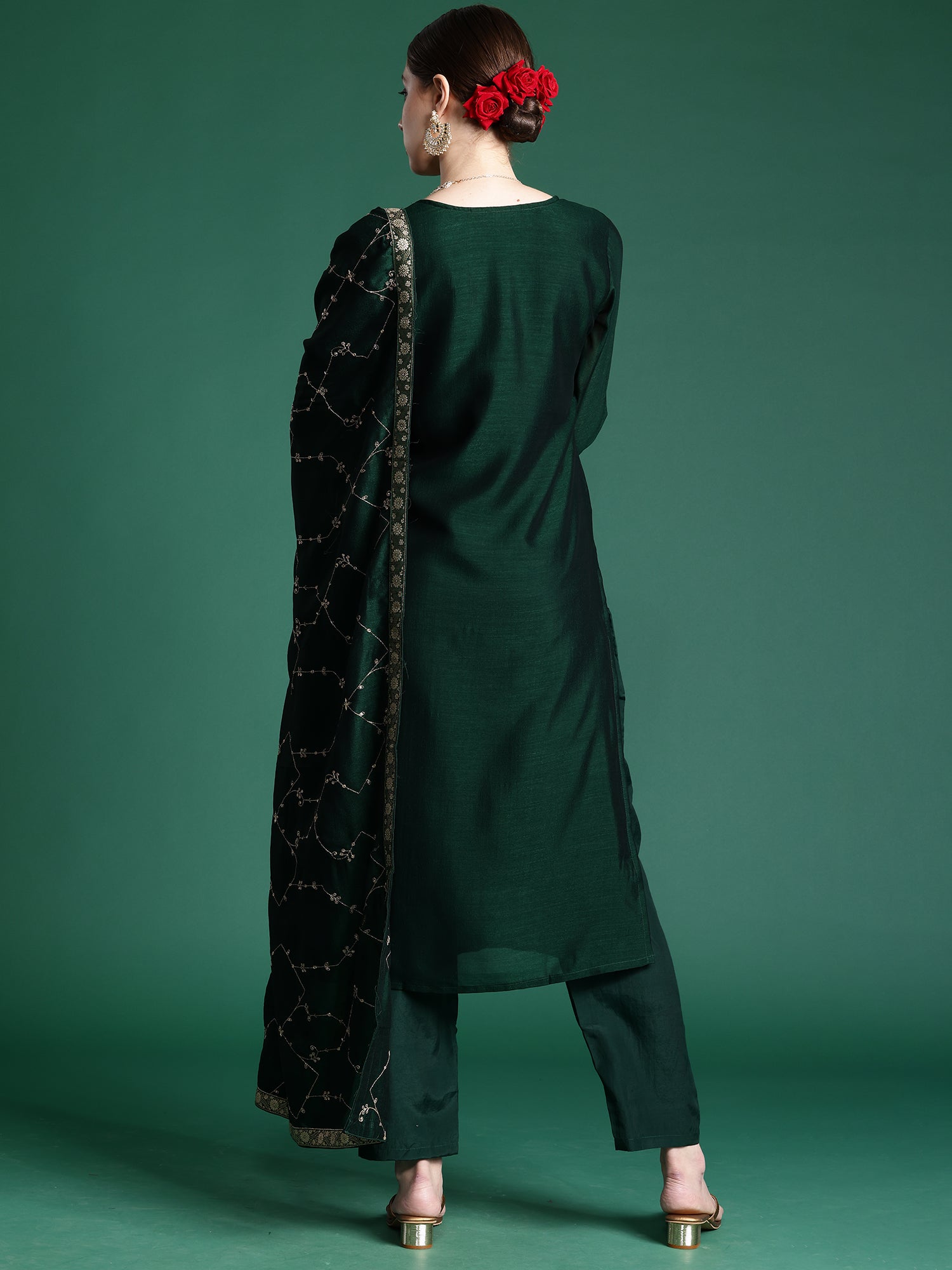 Green Embroidered Straight Kurta Trousers With Dupatta Set