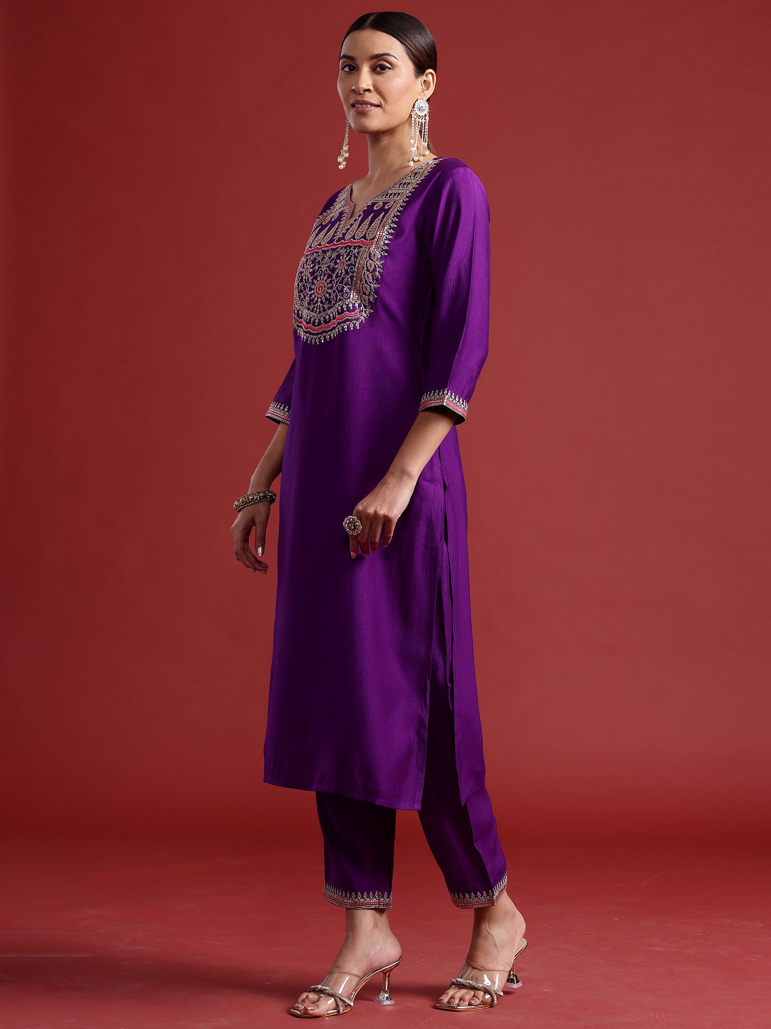 Purple Embroidered Straight Kurta Trousers With Dupatta set