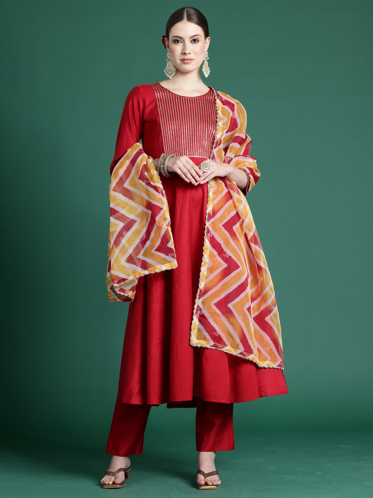 Red Embroidered A-Line Kurta Trousers With Dupatta set