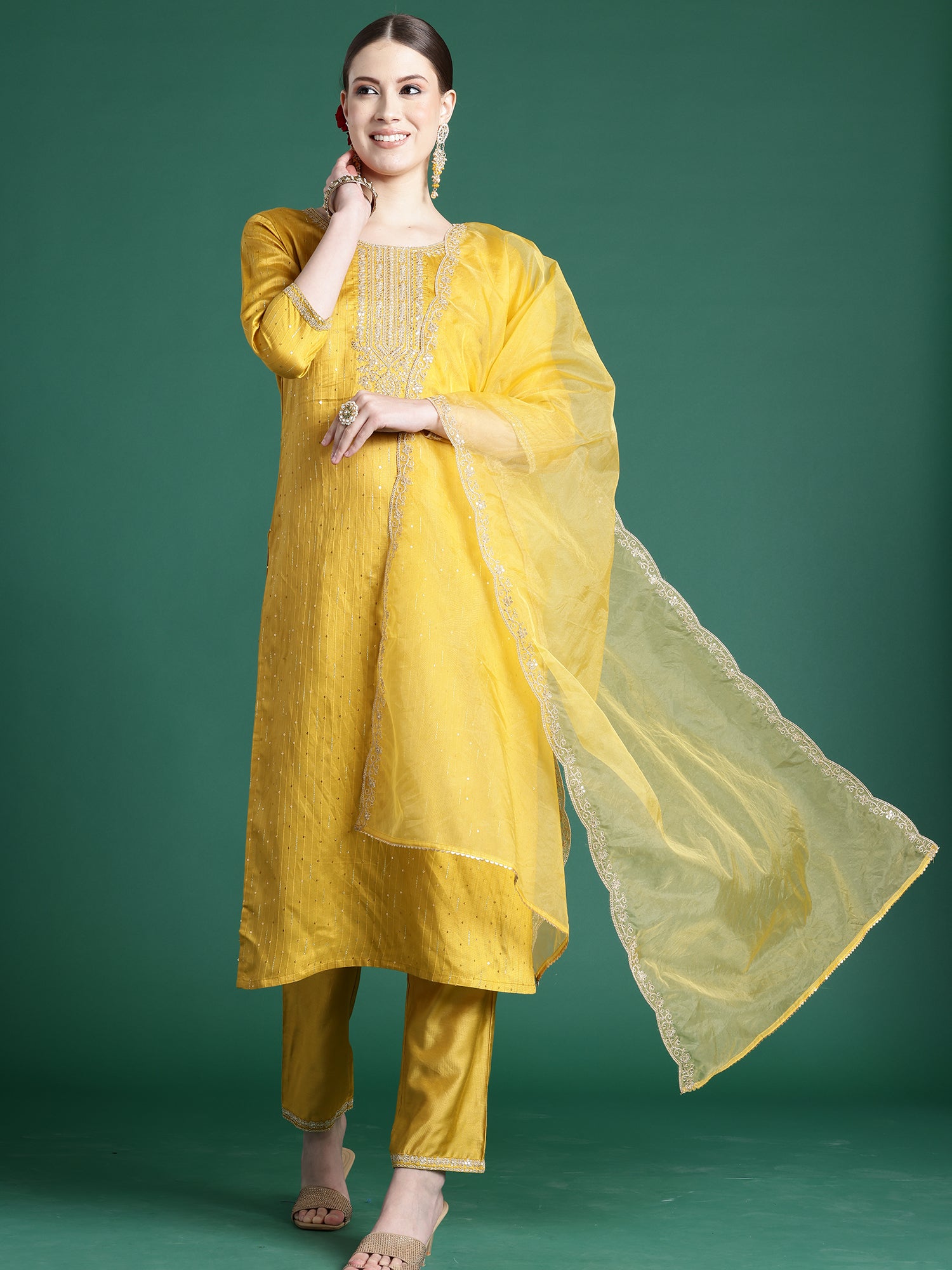 Yellow Embroidered Straight Kurta Trousers With Dupatta Set