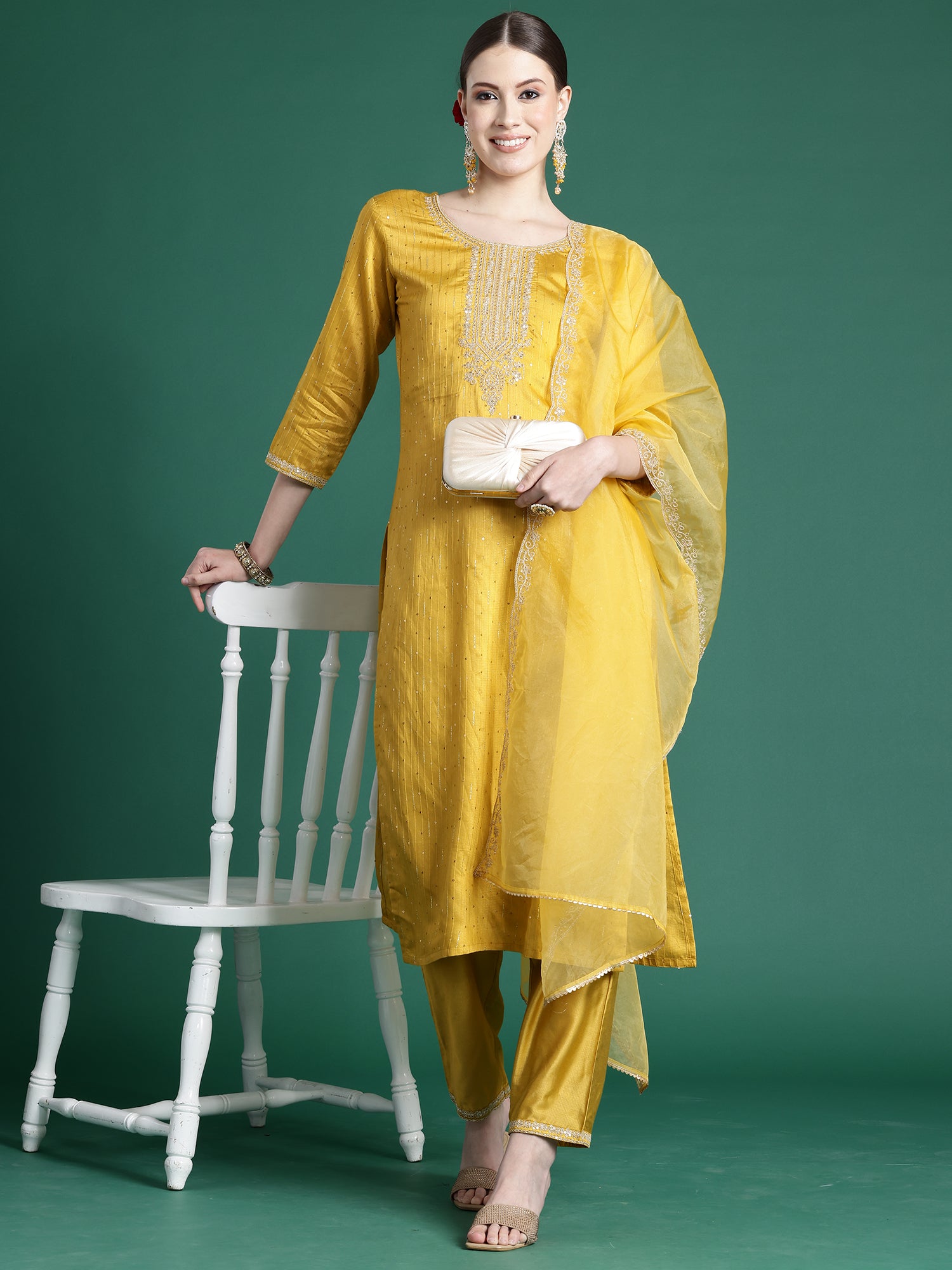 Yellow Embroidered Straight Kurta Trousers With Dupatta Set