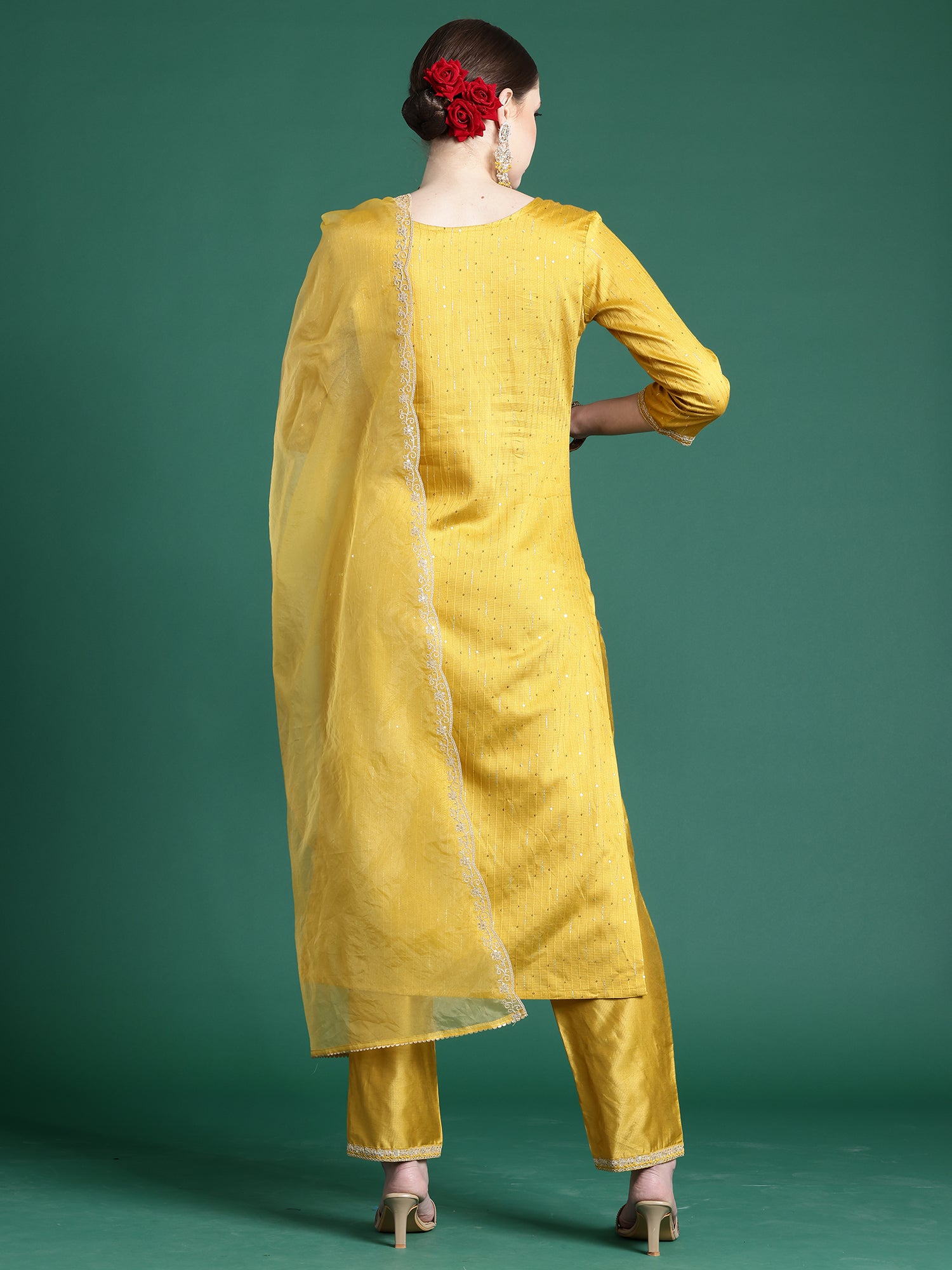 Yellow Embroidered Straight Kurta Trousers With Dupatta Set