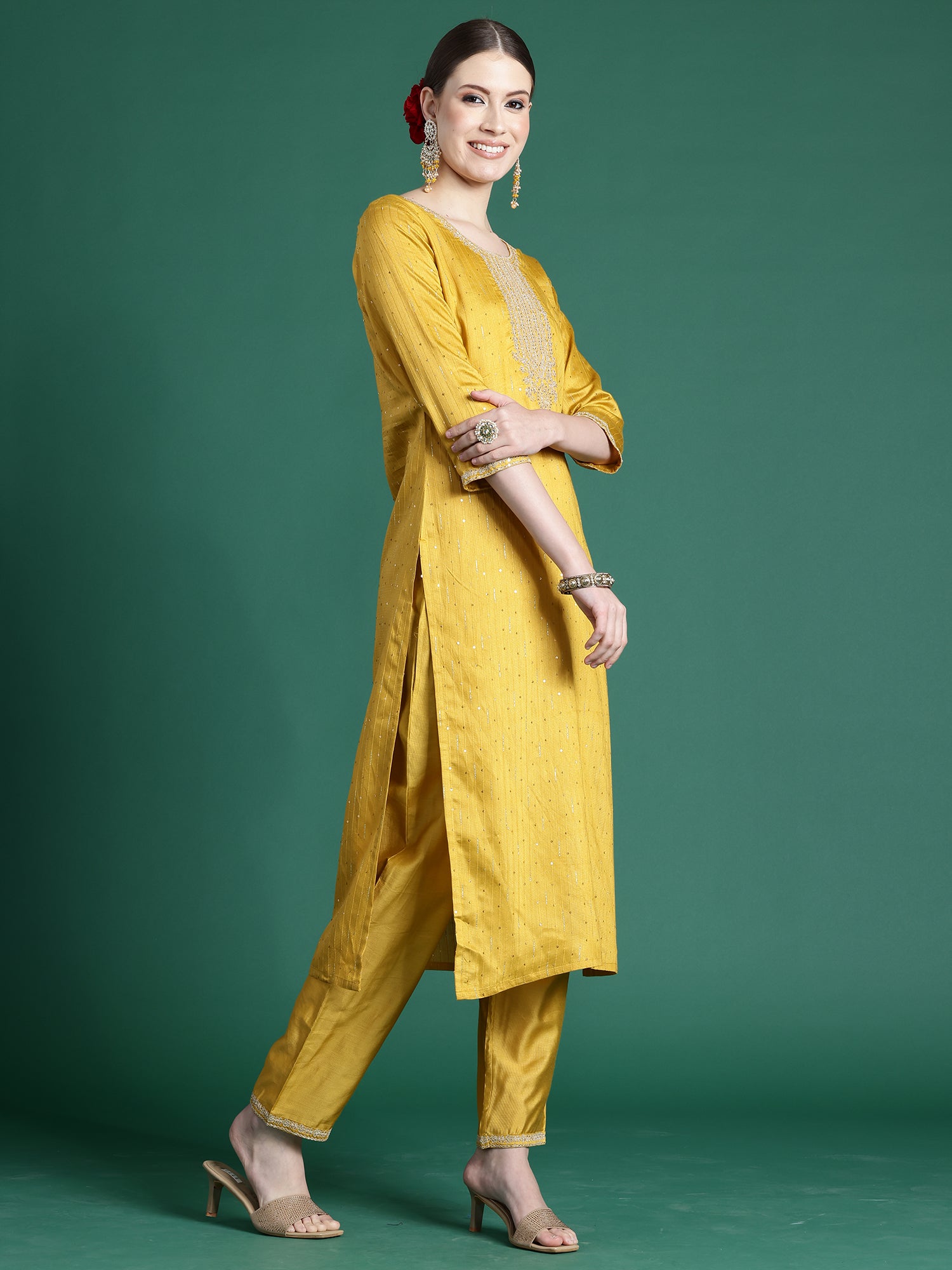 Yellow Embroidered Straight Kurta Trousers With Dupatta Set