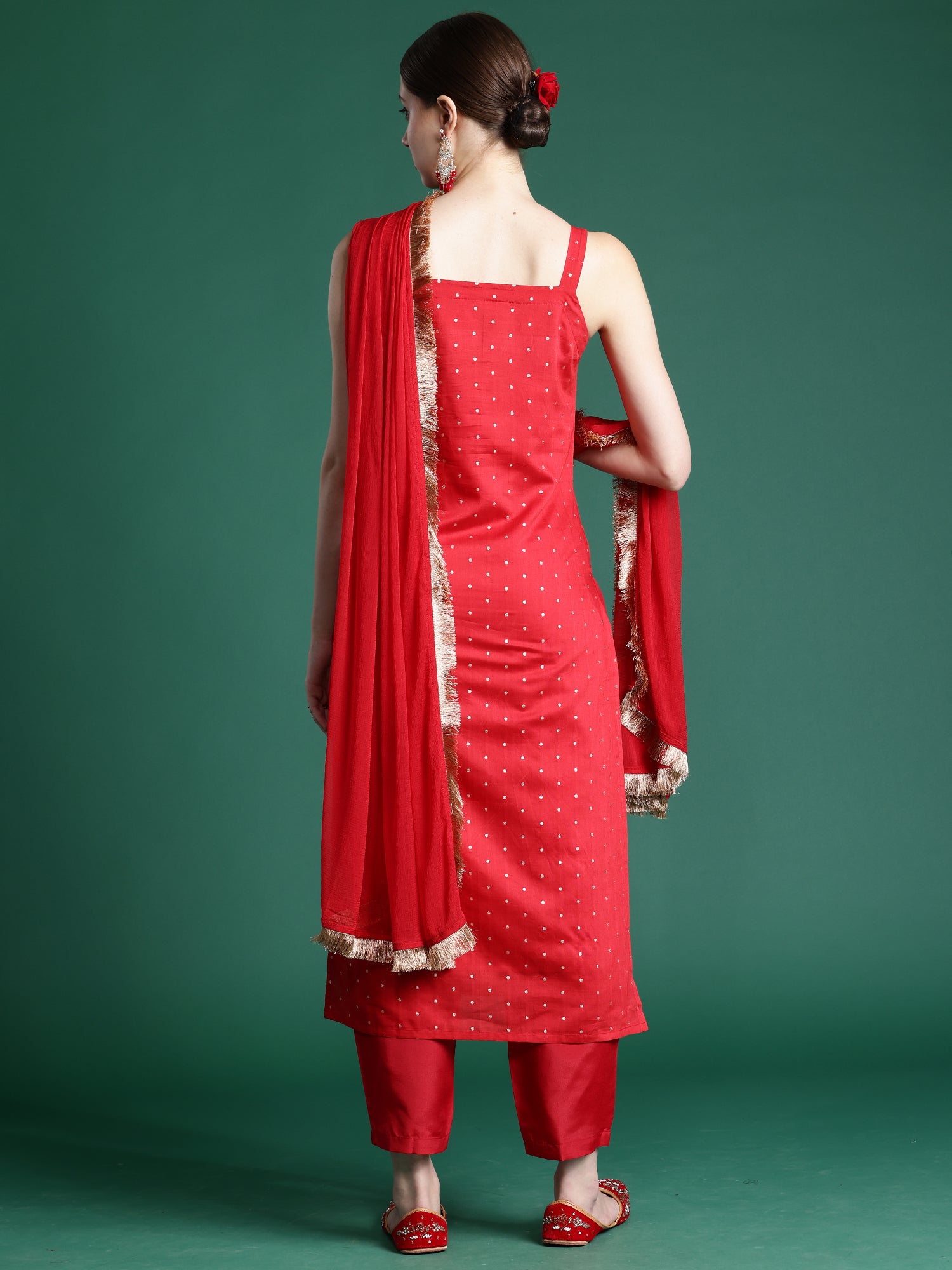 Red Woven Design Straight Kurta Trousers With Dupatta set