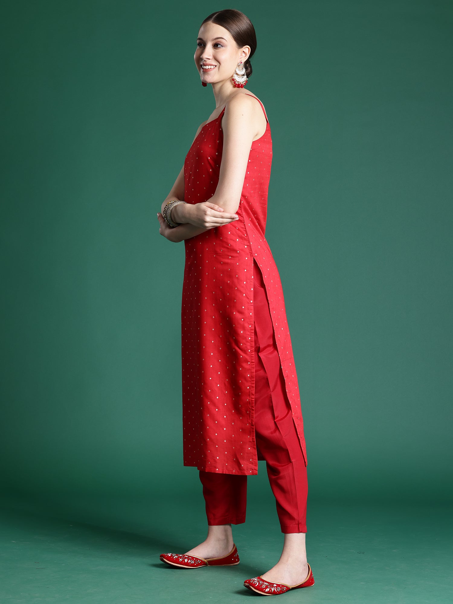 Red Woven Design Straight Kurta Trousers With Dupatta set