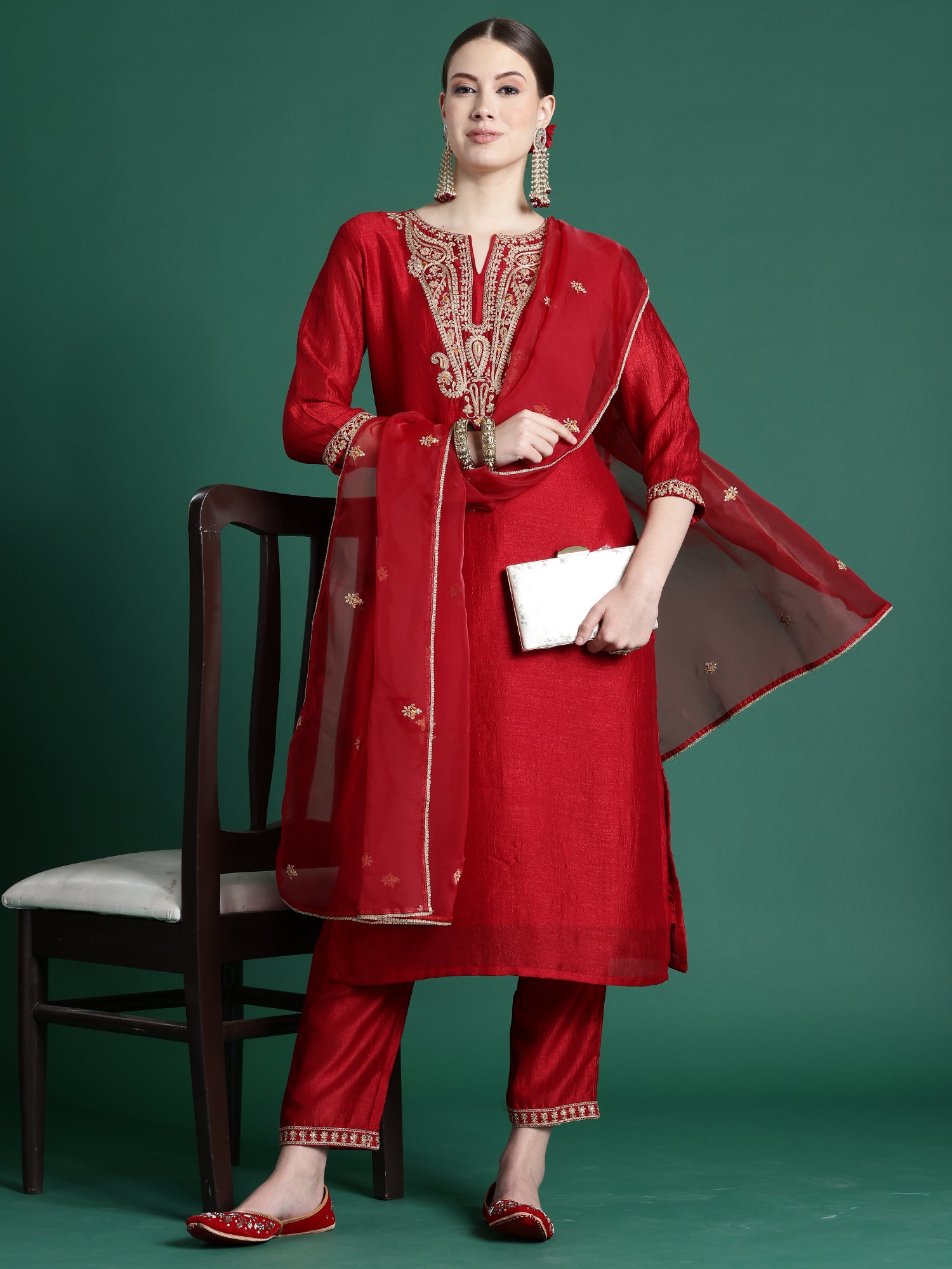 Red Embroidered Straight Kurta Palazzos With Dupatta Set