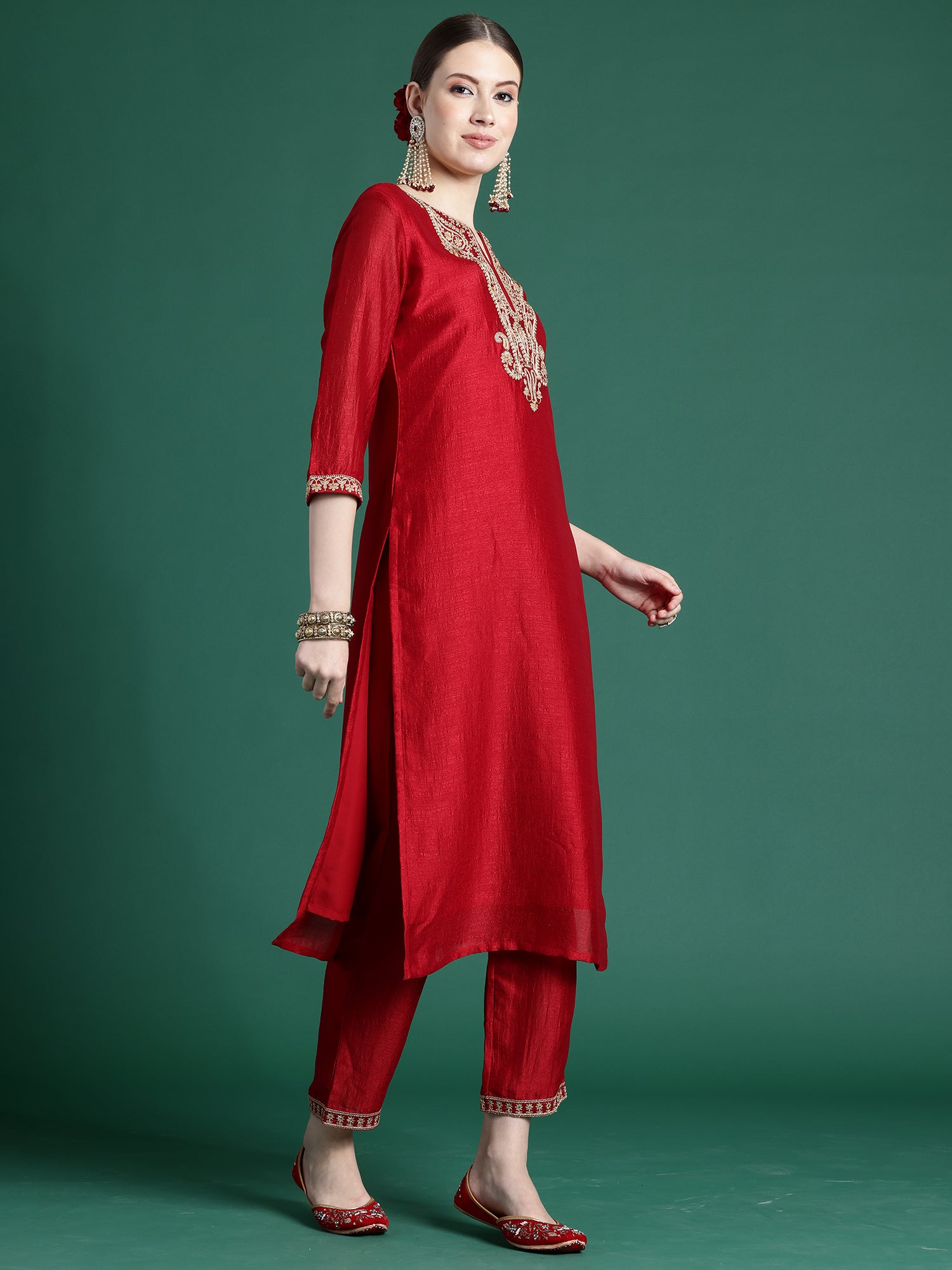 Red Embroidered Straight Kurta Palazzos With Dupatta Set