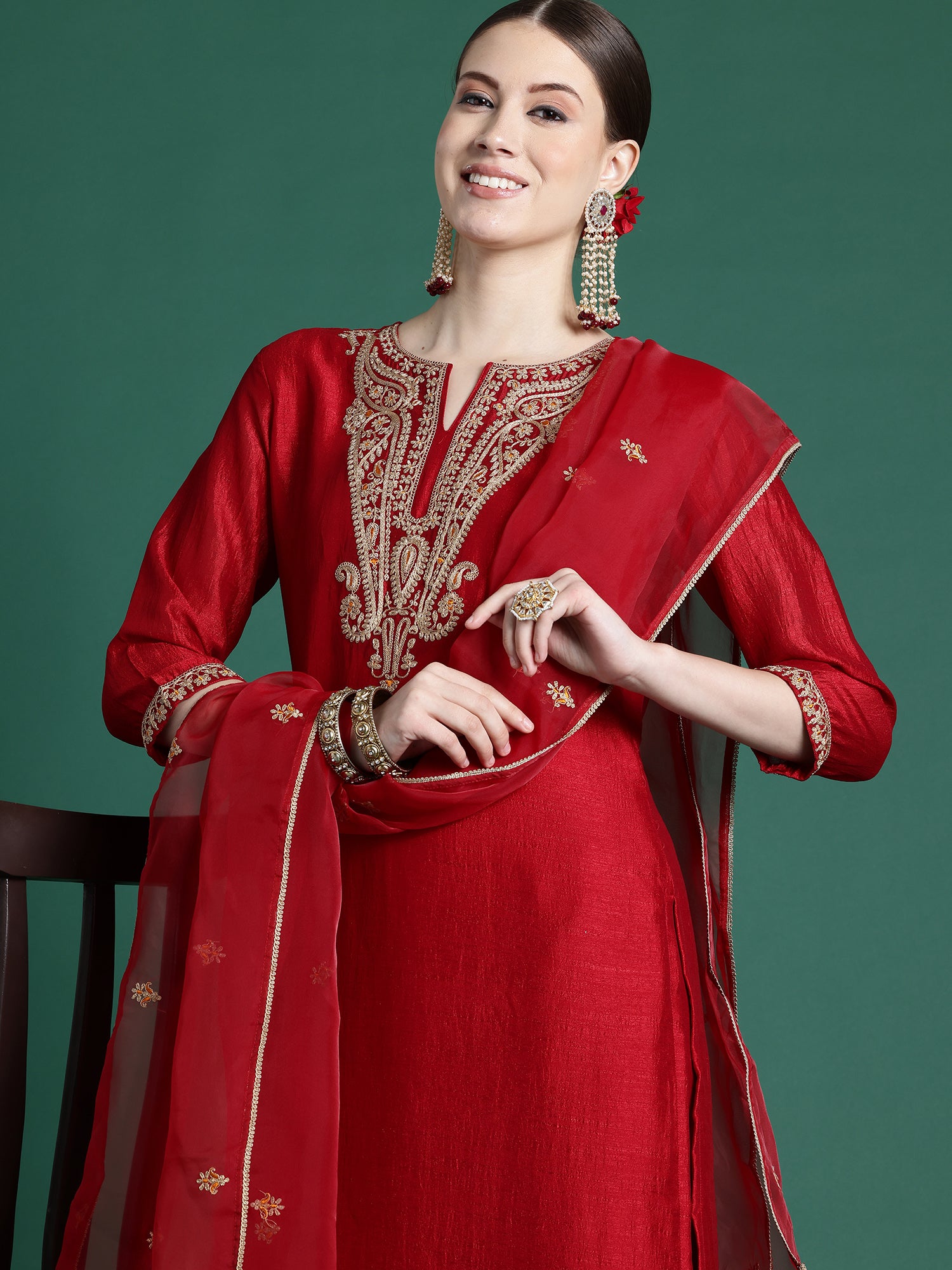 Red Embroidered Straight Kurta Palazzos With Dupatta Set