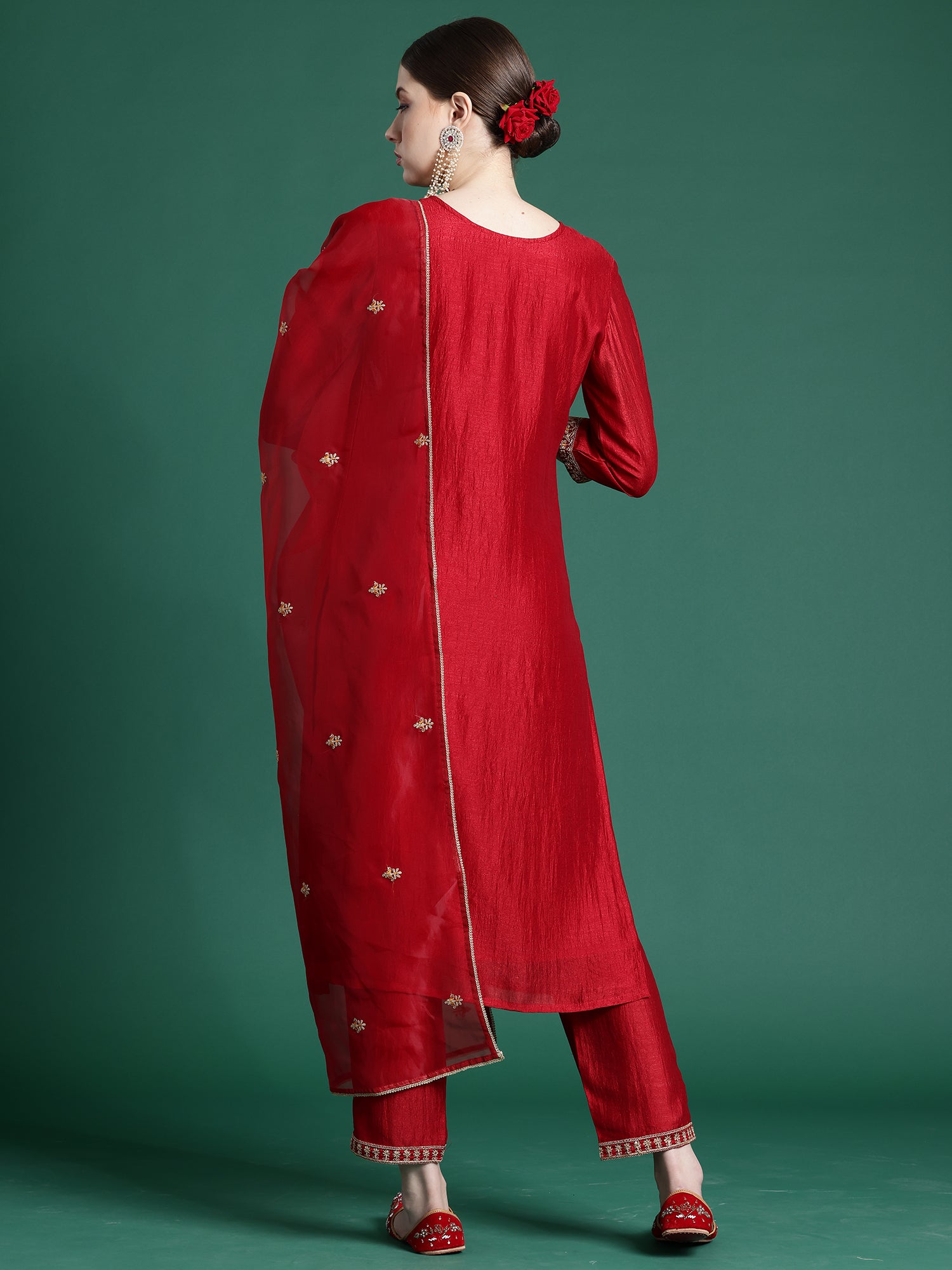 Red Embroidered Straight Kurta Palazzos With Dupatta Set