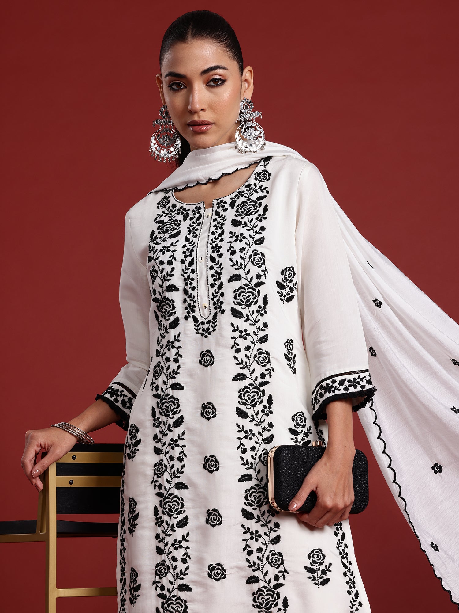 White Embroidered Straight Kurta Trousers With Dupatta  Set