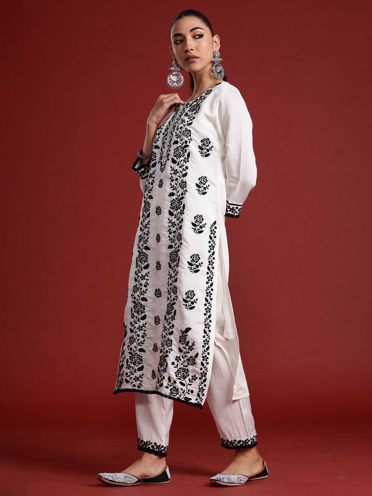 White Embroidered Straight Kurta Trousers With Dupatta  Set