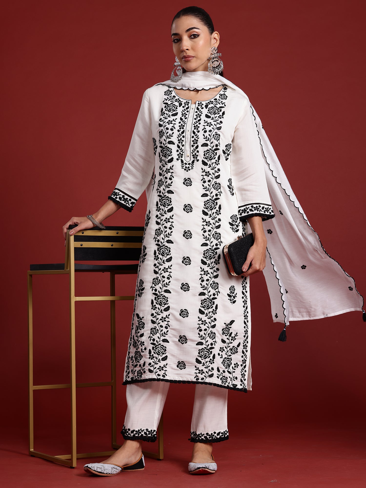 White Embroidered Straight Kurta Trousers With Dupatta  Set