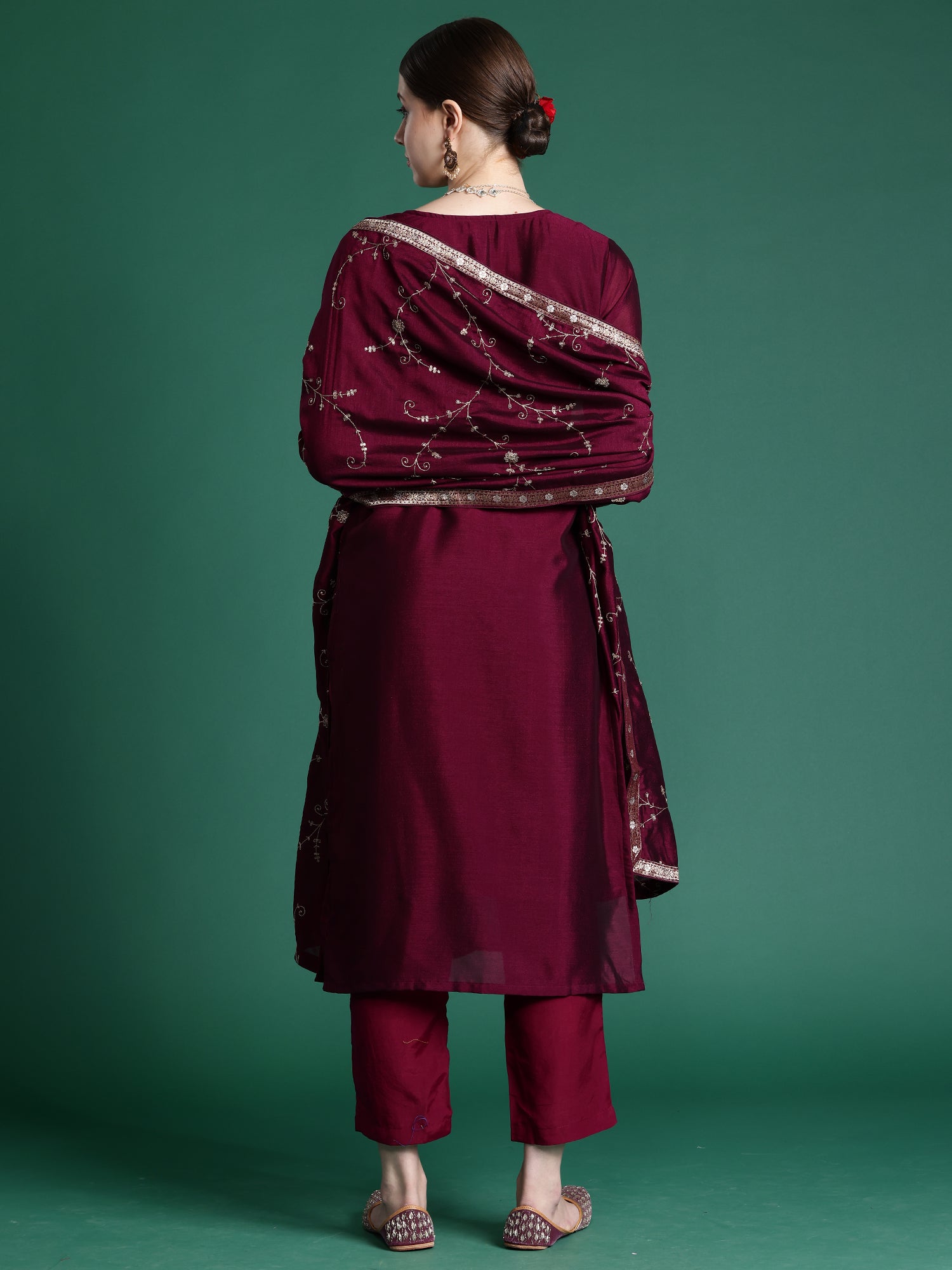 Burgundy Embroidered Straight Kurta Trousers With Dupatta Set