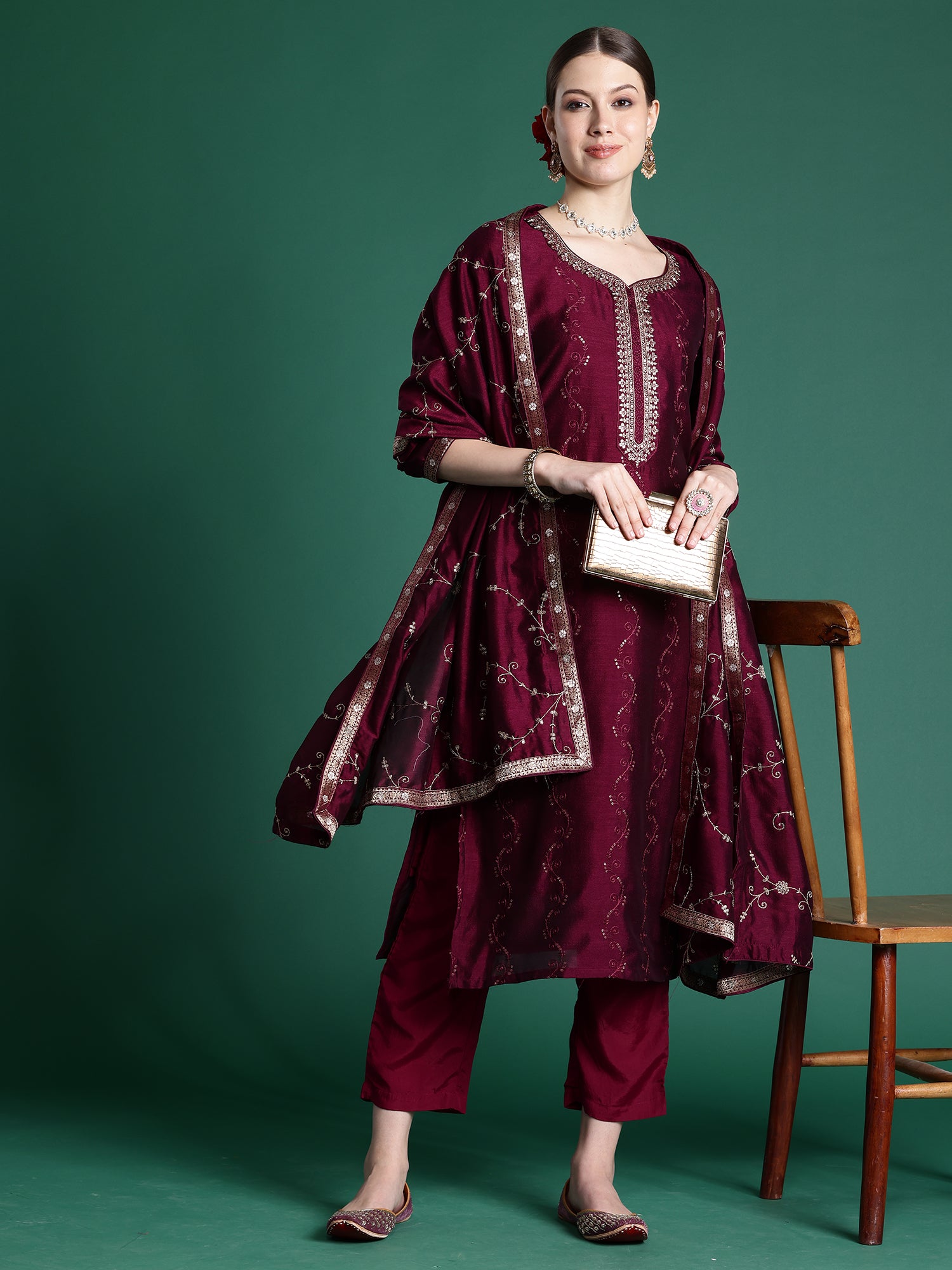 Burgundy Embroidered Straight Kurta Trousers With Dupatta Set