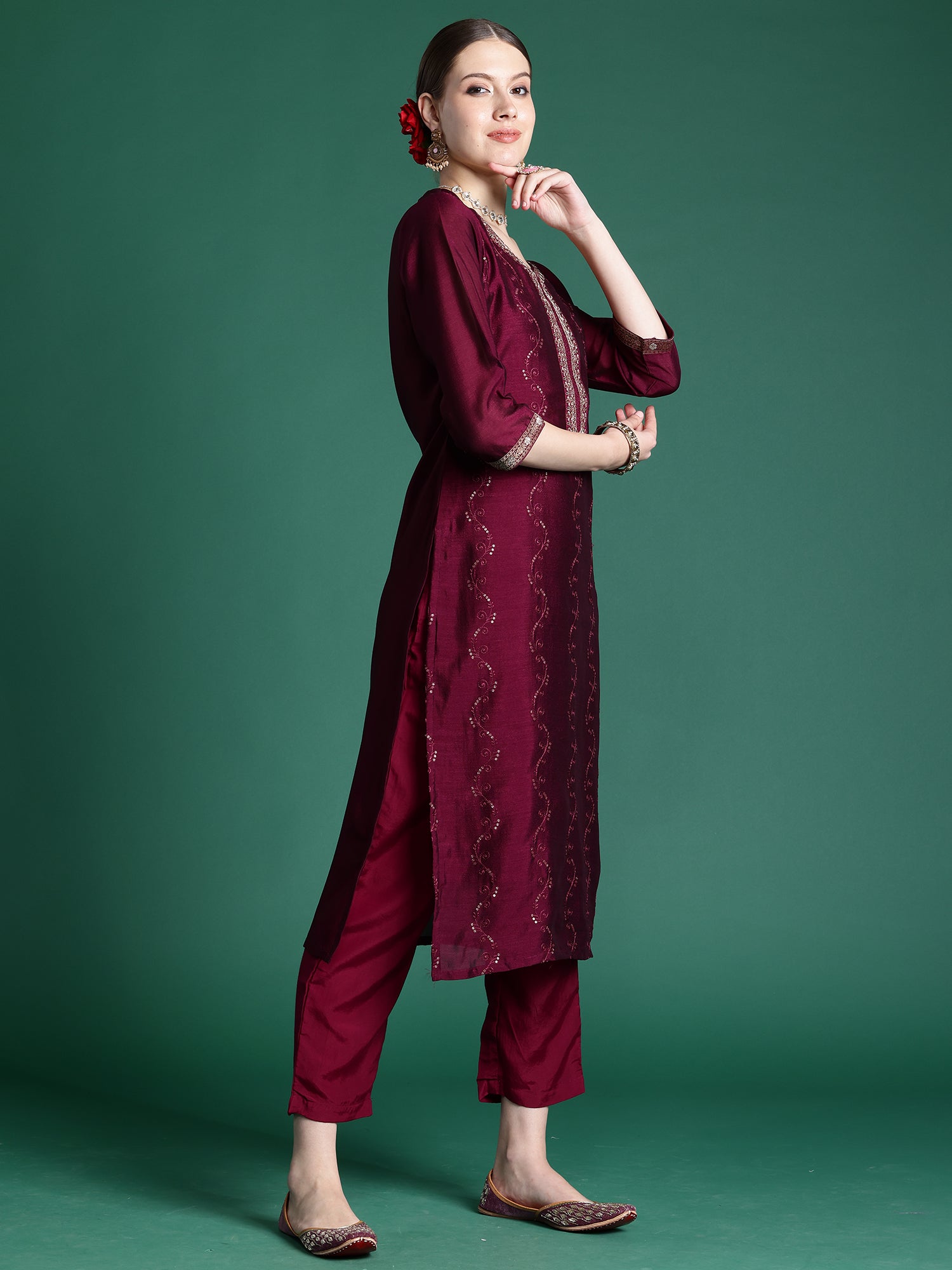 Burgundy Embroidered Straight Kurta Trousers With Dupatta Set